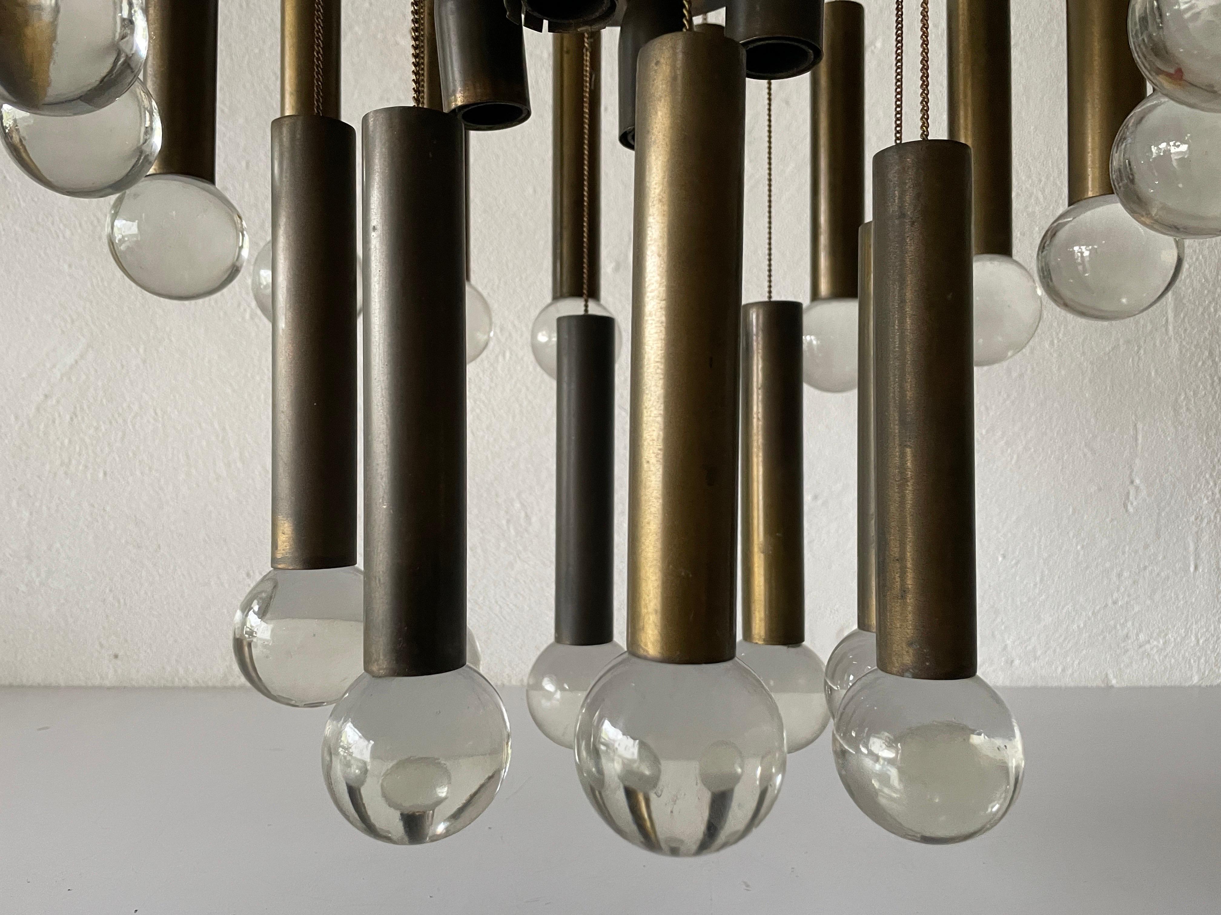 Italian Exceptional Multiple Tubes with Glass Balls Brass Chandelier, 1960s, Italy For Sale