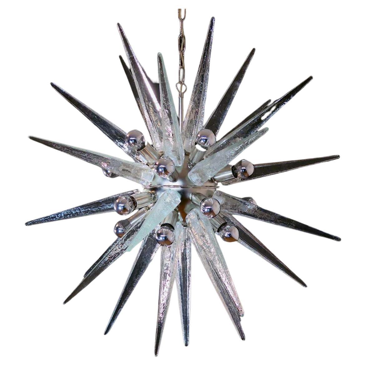 Italian Sputnik chandelier in a nickel frame, clear Murano glass (31 elements). Murano blown glass in a traditional way. 20 light points.
Period: late XX century 
Dimensions: 51,20 inches (130 cm) height with chain; 31,50 inches (80 cm) height