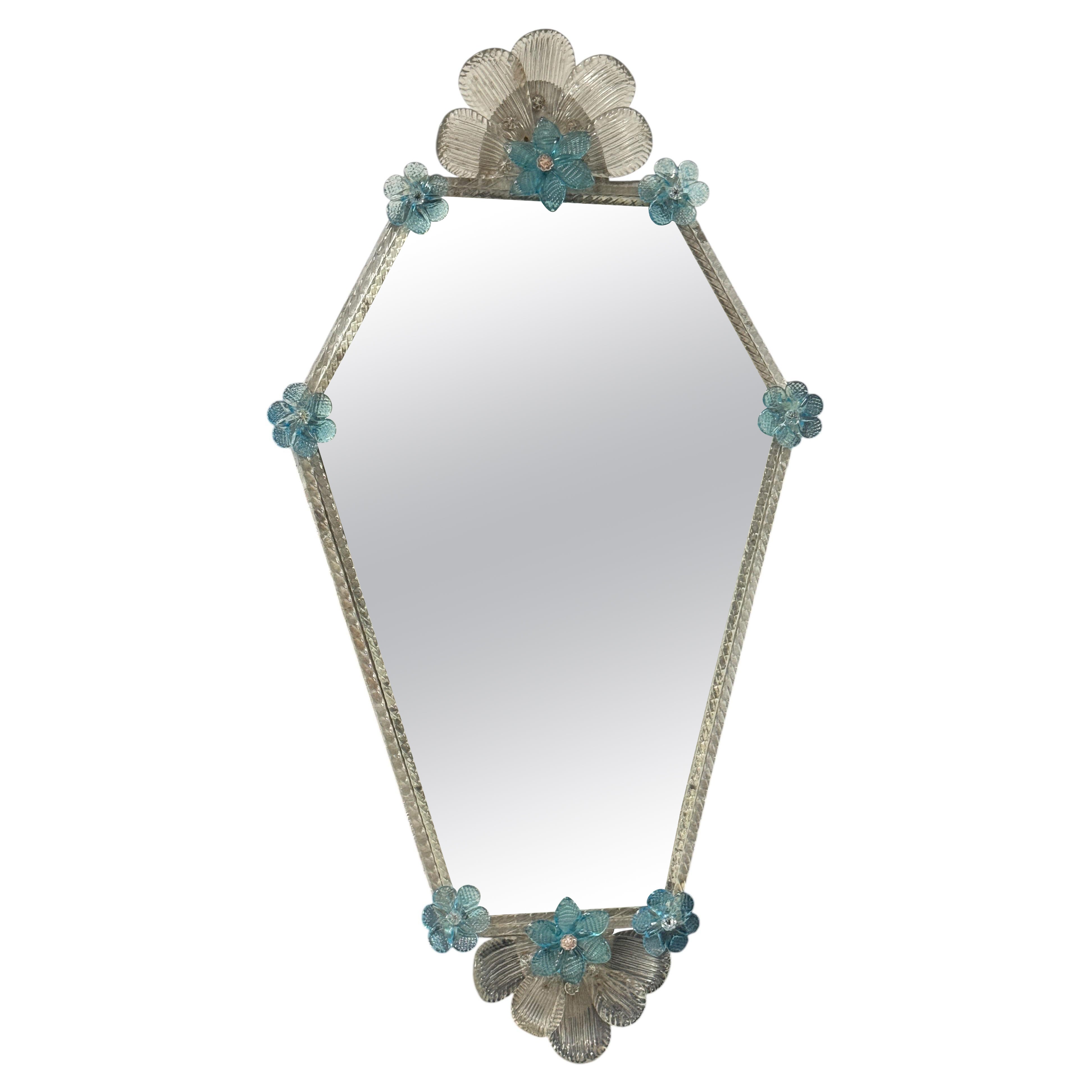 Exceptional Murano Glass Wall Mirror with light blue Flowers 1920s, Italy Venice