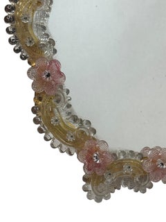 Exceptional Murano Glass Wall Mirror with pink Flowers 1960s, Italy Venice
