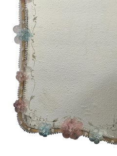 Exceptional Murano Glass Wall Mirror with Pink & light Blue Flowers Italy Venice