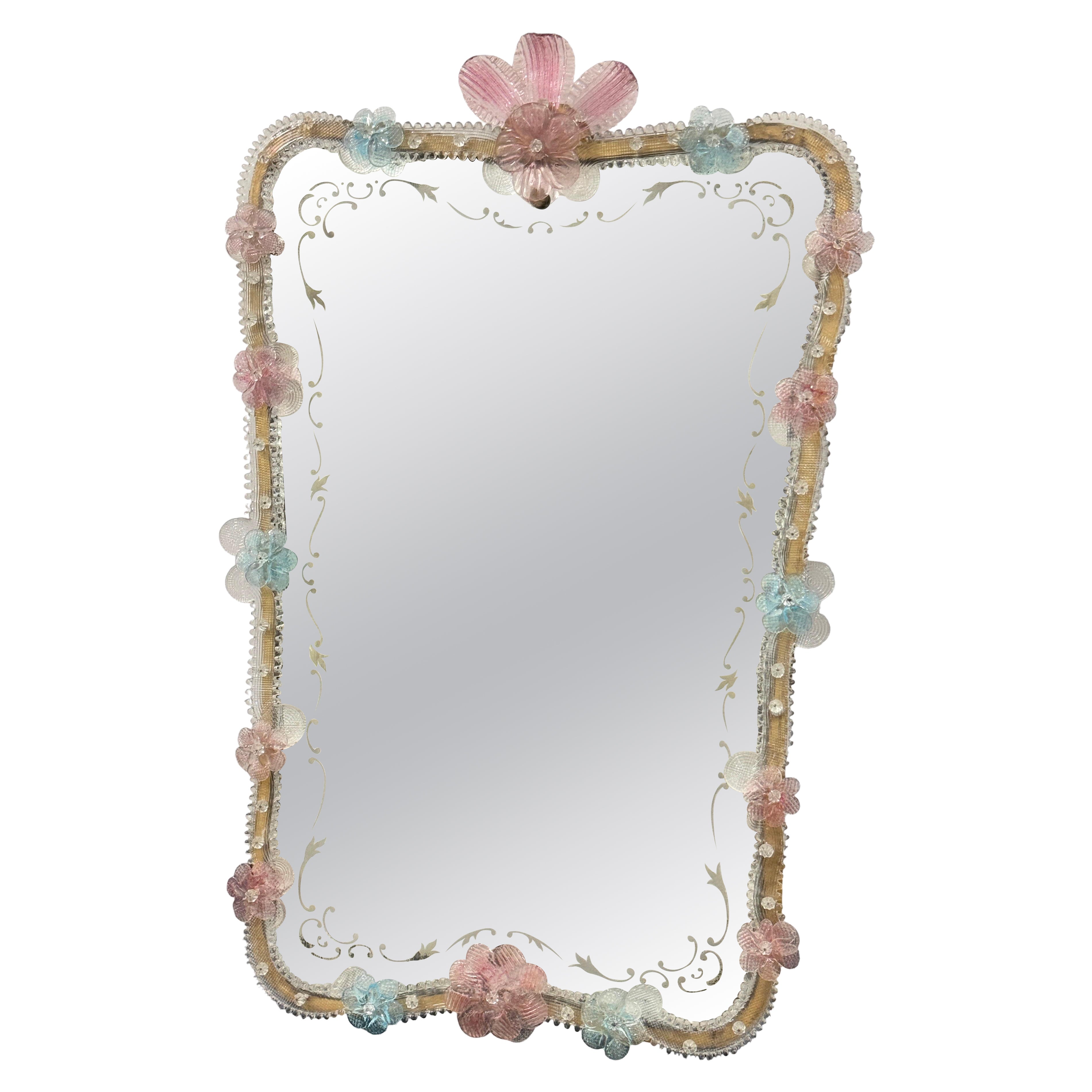 Exceptional Murano Glass Wall Mirror with Pink & light Blue Flowers Italy Venice