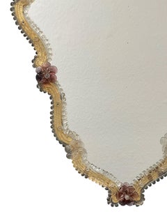 Exceptional Murano Glass Wall Mirror with Purple & Clear Flowers, Italy Venice