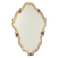 Exceptional Murano Glass Wall Mirror with Purple & Clear Flowers, Italy Venice