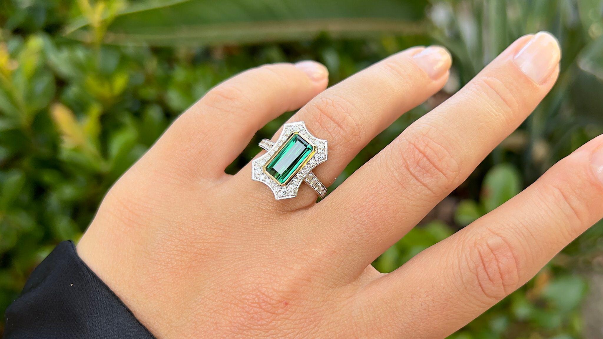 Emerald Cut Exceptional Natural Green Tourmaline Ring Diamond Setting 3.42 Carats 14K Gold For Sale