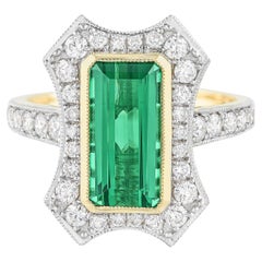 Retro Exceptional Natural Green Tourmaline Ring Diamond Setting 3.42 Carats 14K Gold