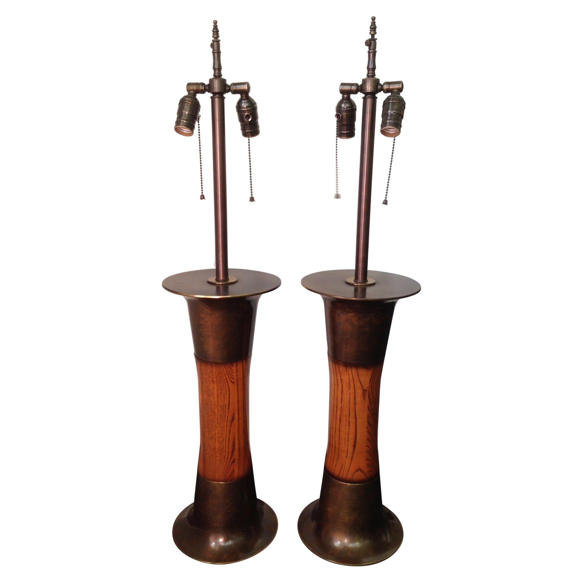 Exceptional Oak and Patinated Brass Modernist Lamps, Pair