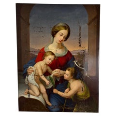 Eccezionale dipinto a olio raffigurante la Madonna con il Bambino e San Giovanni da bambino