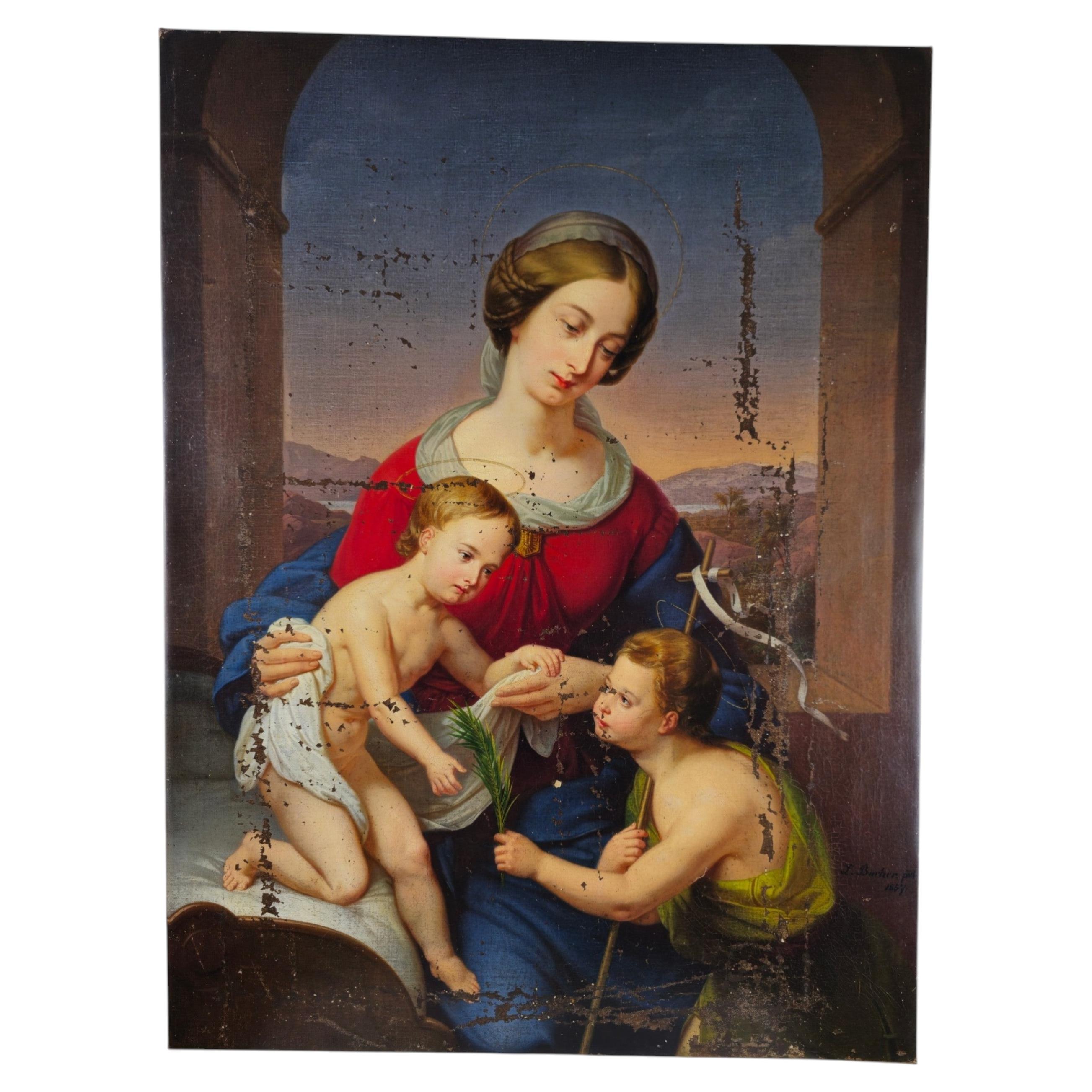 Remarquable peinture à l'huile représentant la Vierge à l'Enfant avec saint Jean l'Enfant en vente