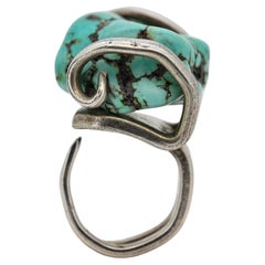 Eccezionale anello con pepita di turchese del Nevada di vecchia data con incastonatura in argento fatta a mano