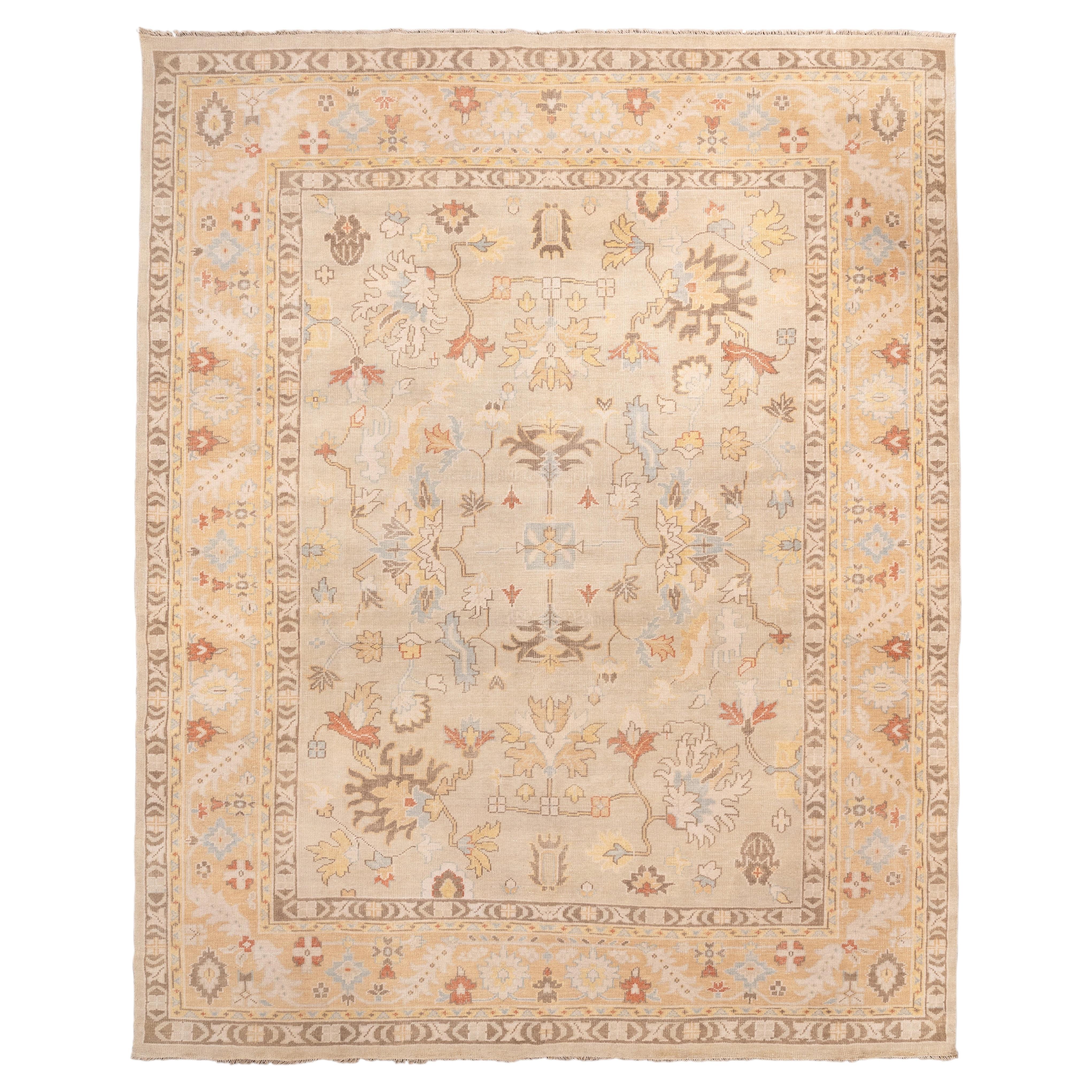 Exceptional Oushak Style Rug with Soft Ivory Field and Botanical Design
