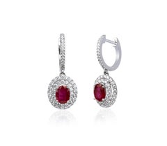 1.5ct Natural Oval Ruby & Diamond Double Halo Dangle Earrings in 18K White Gold