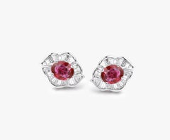 1.4ct Natural Oval-Cut Ruby & Baguette Diamond Halo Stud Earrings in 18K Gold
