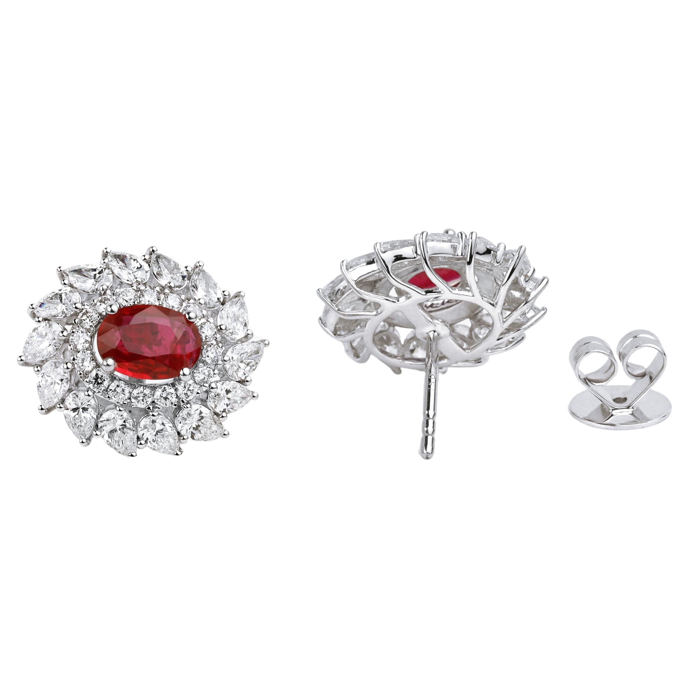 Exceptional oval natural ruby diamond stud earrings, halo diamond in 18k gold