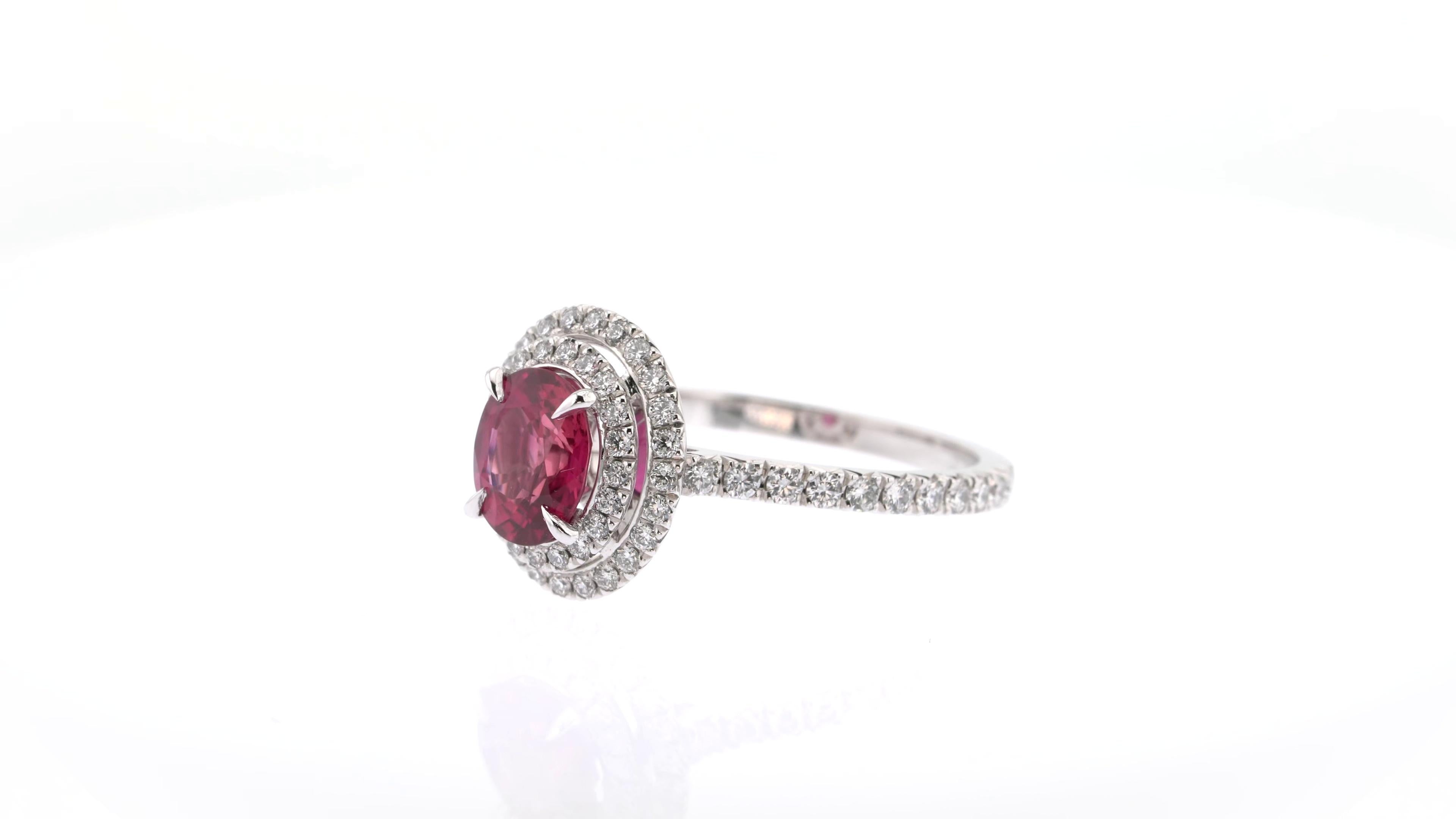 Contemporary 1.18 Carats Oval Ruby and White Diamonds Double Halo Ring For Sale