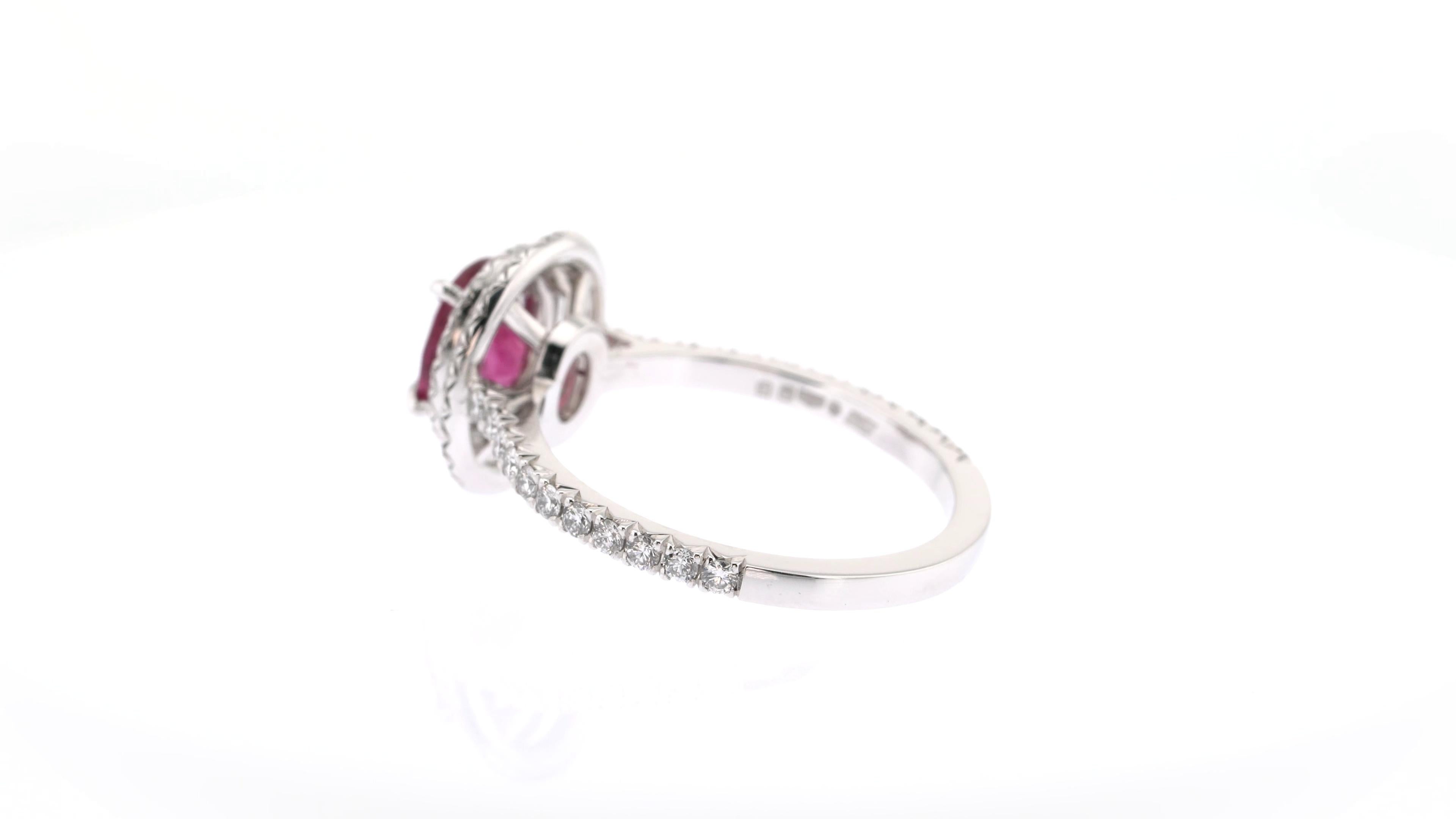 Women's or Men's 1.18 Carats Oval Ruby and White Diamonds Double Halo Ring For Sale