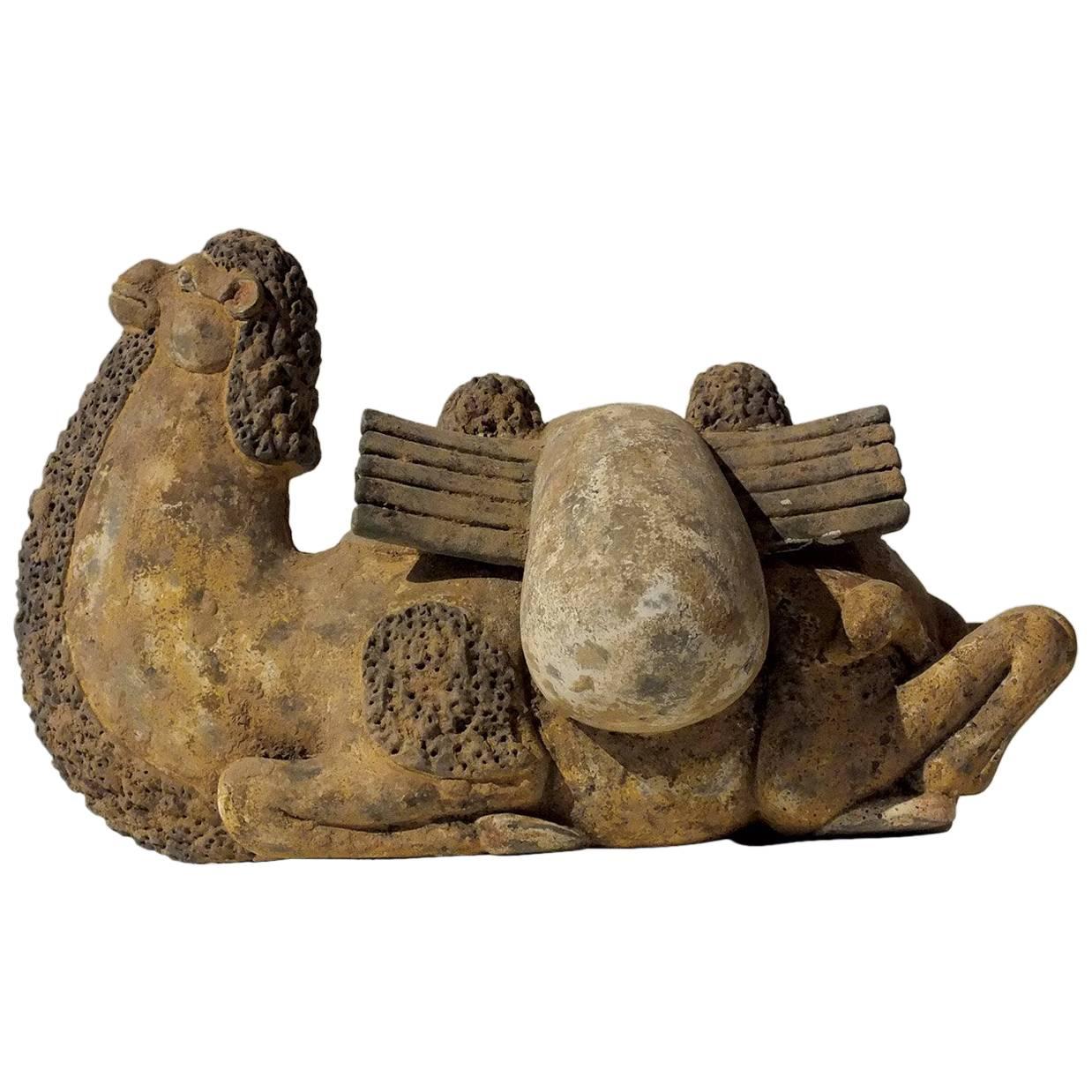 Exceptional Painted Gary Pottery Figure of a Reclining Bactrian Camel