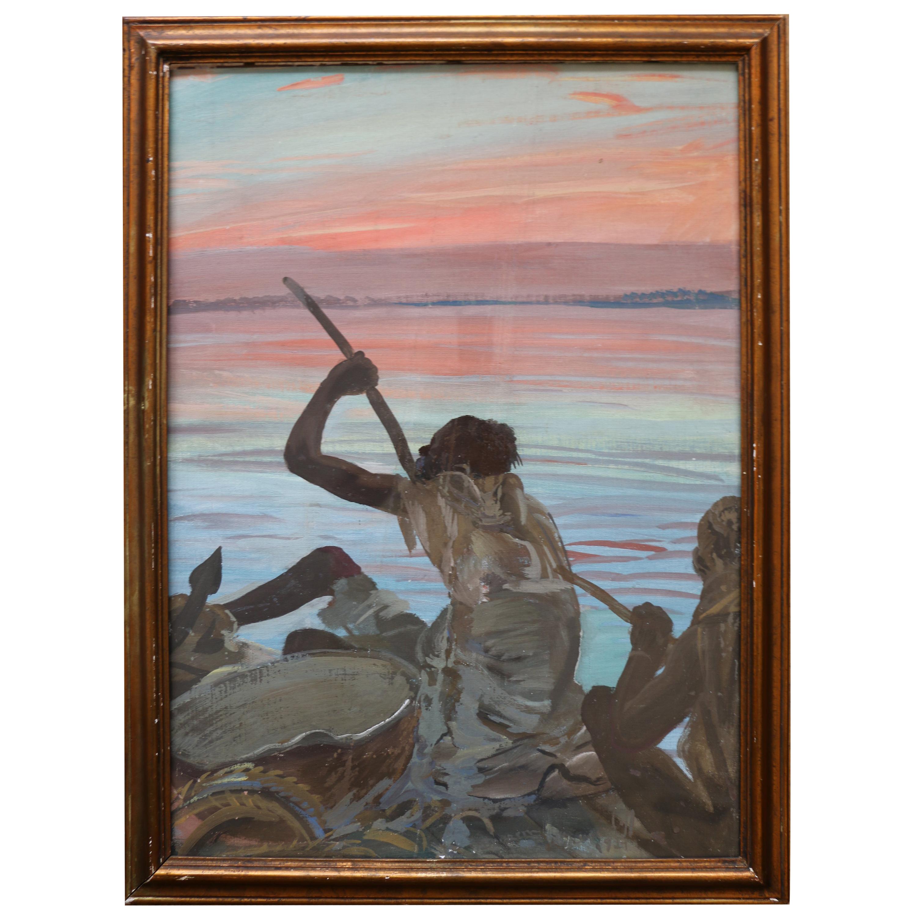 Exceptionnelle peinture "Pirogue" d'Alexander Iacovleff:: Croisière noire:: 1924