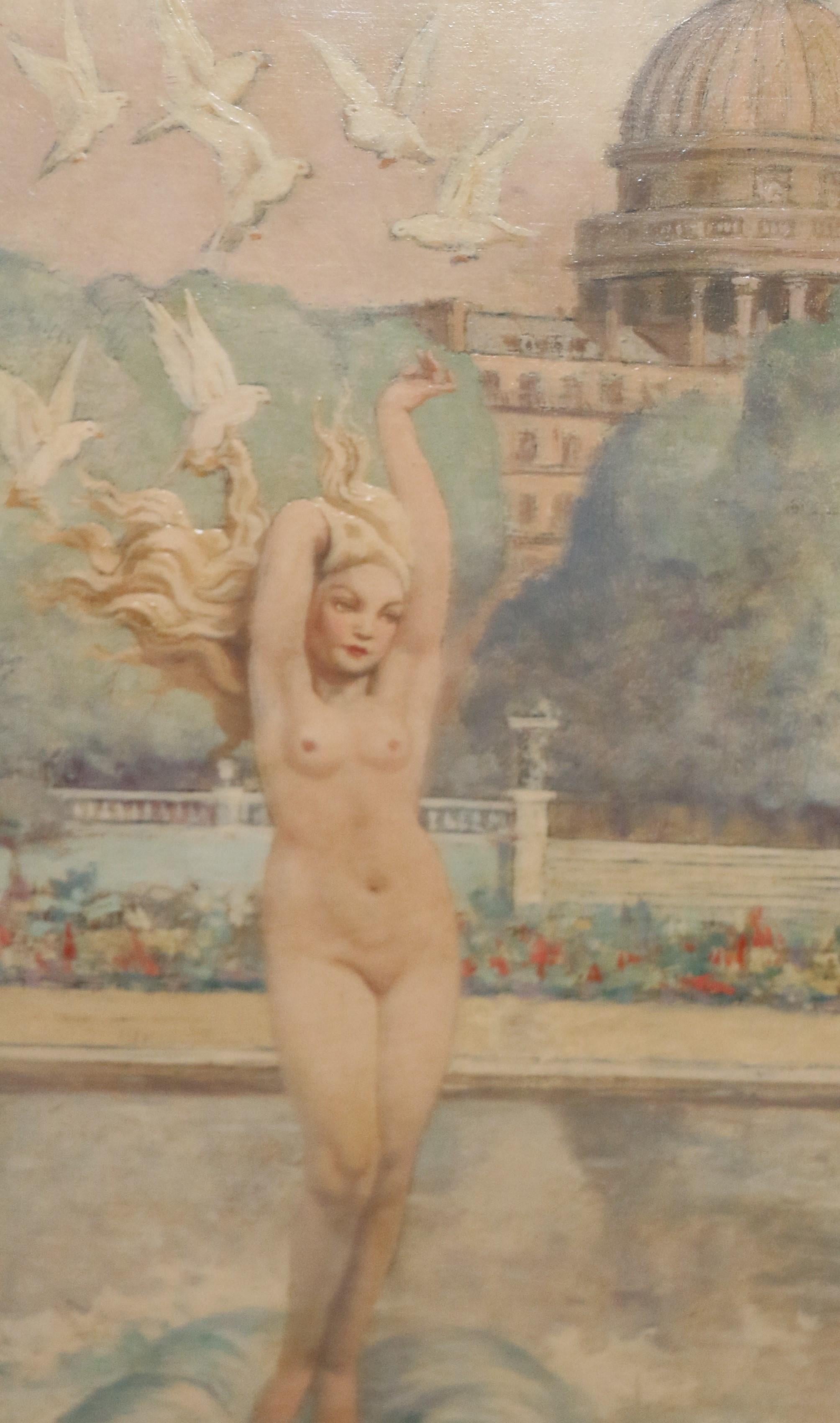 Exceptionnelle peinture à l'huile sur masonite de Raphael Delorme (1885-1962) représentant Vénus avec des colombes sur un beau fond de paysage de jardin. 
Signé en bas. Un certificat de Cecil, expert, sera remis à l'acheteur.
Il est encadré dans