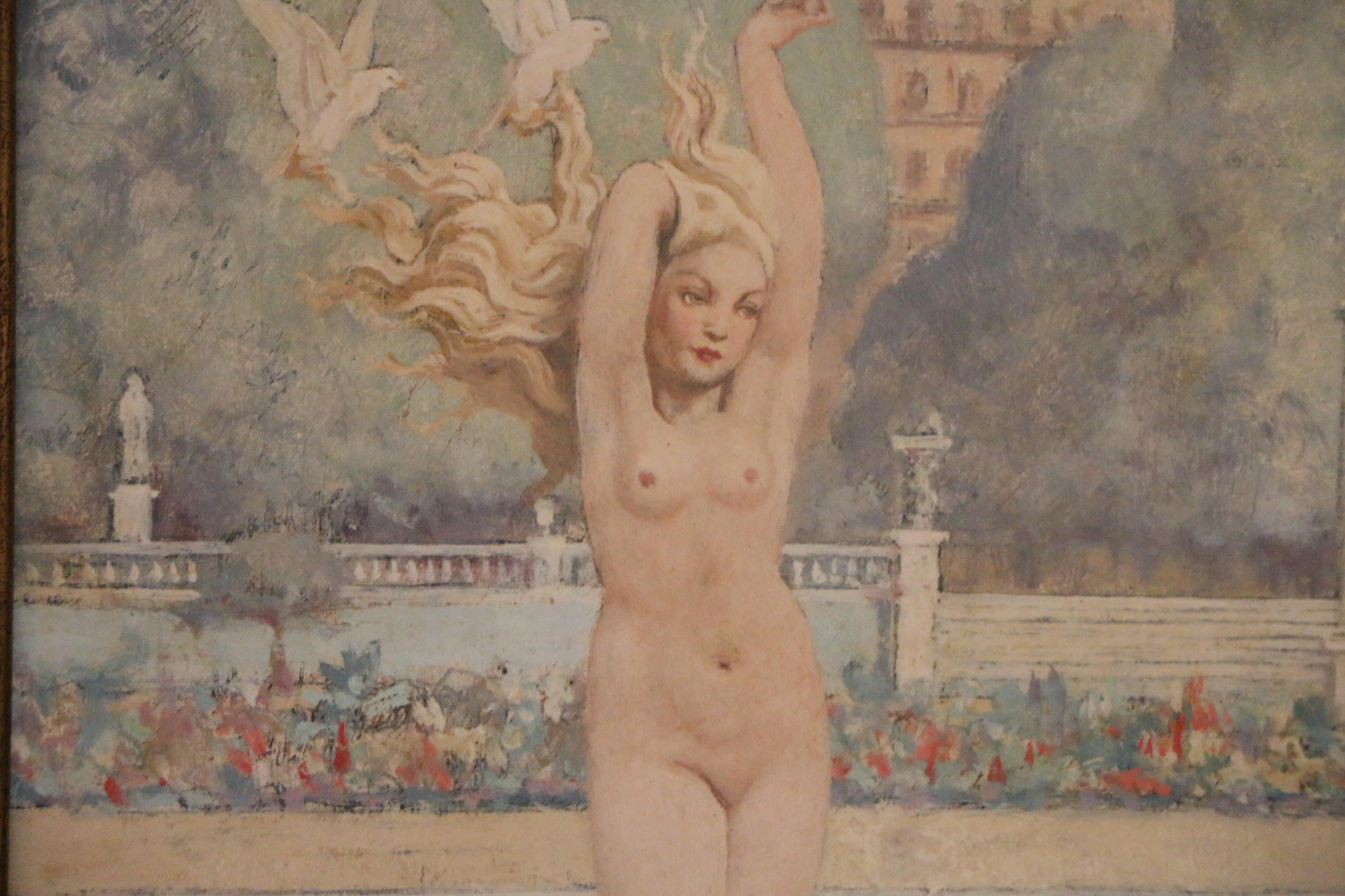 Außergewöhnliches Gemälde „Venus mit Tauben“ von Raphael Delorme, Art déco, Frankreich (Masonit) im Angebot