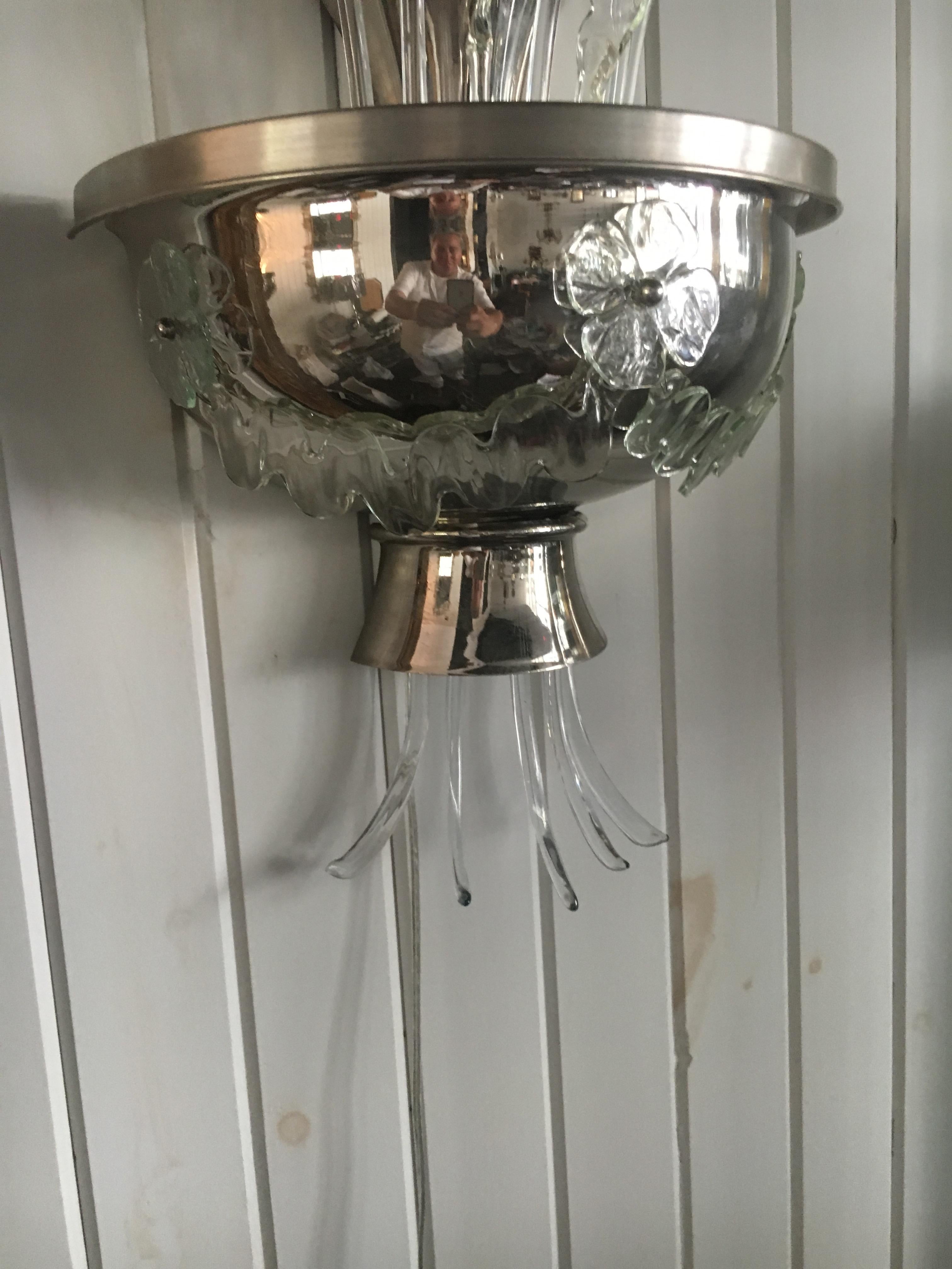 French Exceptional Pair Art Deco Nickel and Crystal Three-Tiered Sconces, Fully Restore For Sale