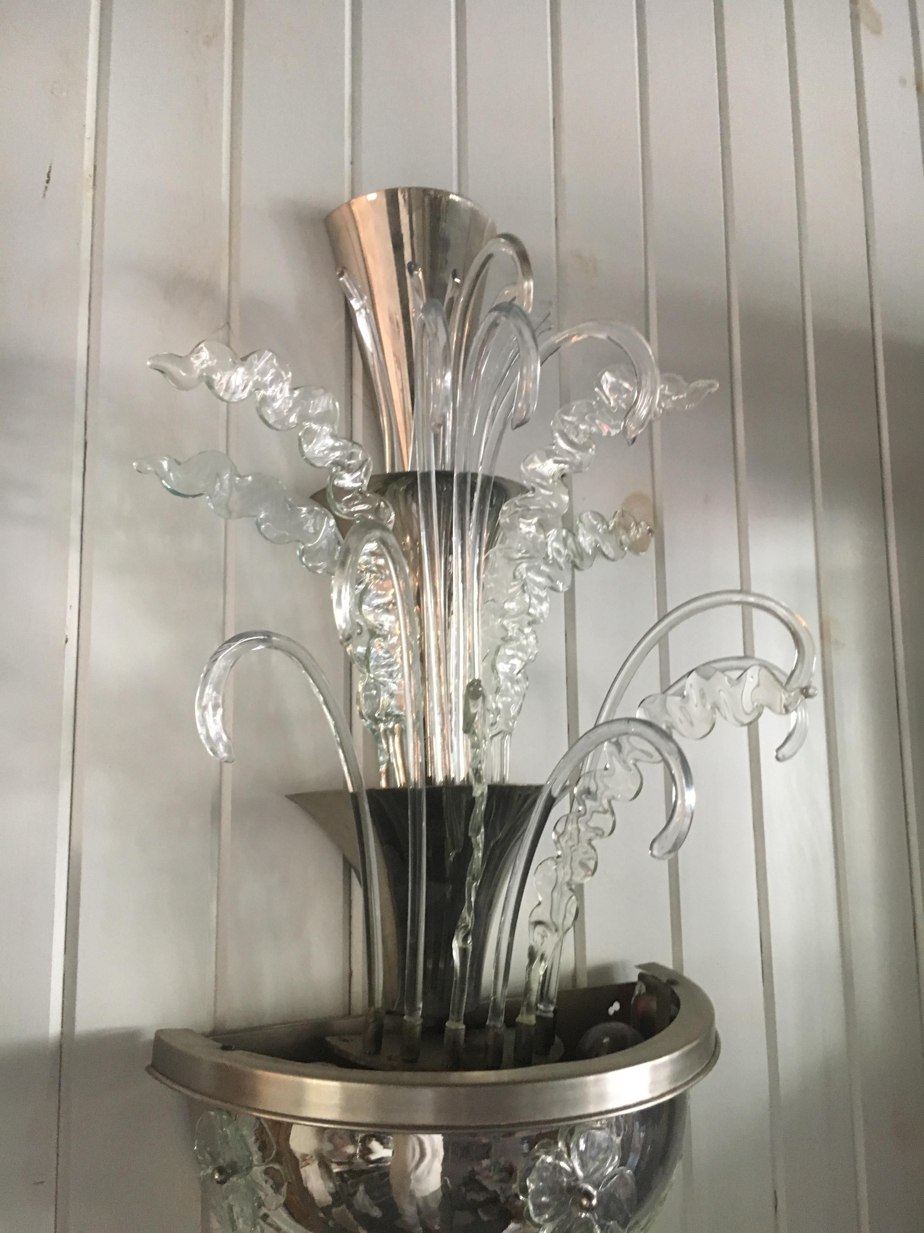 Exceptional Pair Art Deco Nickel and Crystal Three-Tiered Sconces, Fully Restore In Good Condition For Sale In Buchanan, MI
