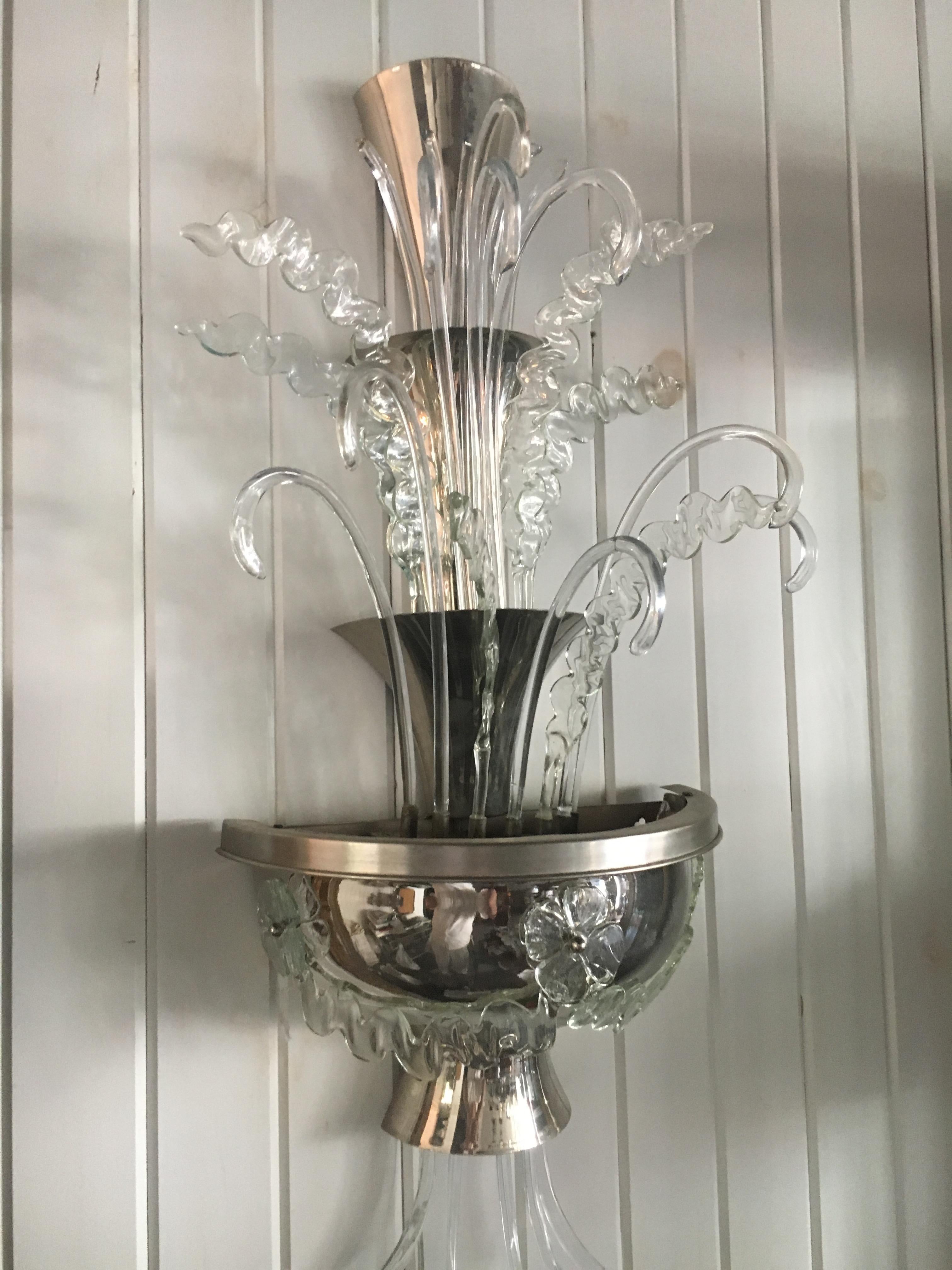 Exceptional pair of period Art Deco nickel and hand blown crystal three-tiered sconces, fully restored. Great scale.