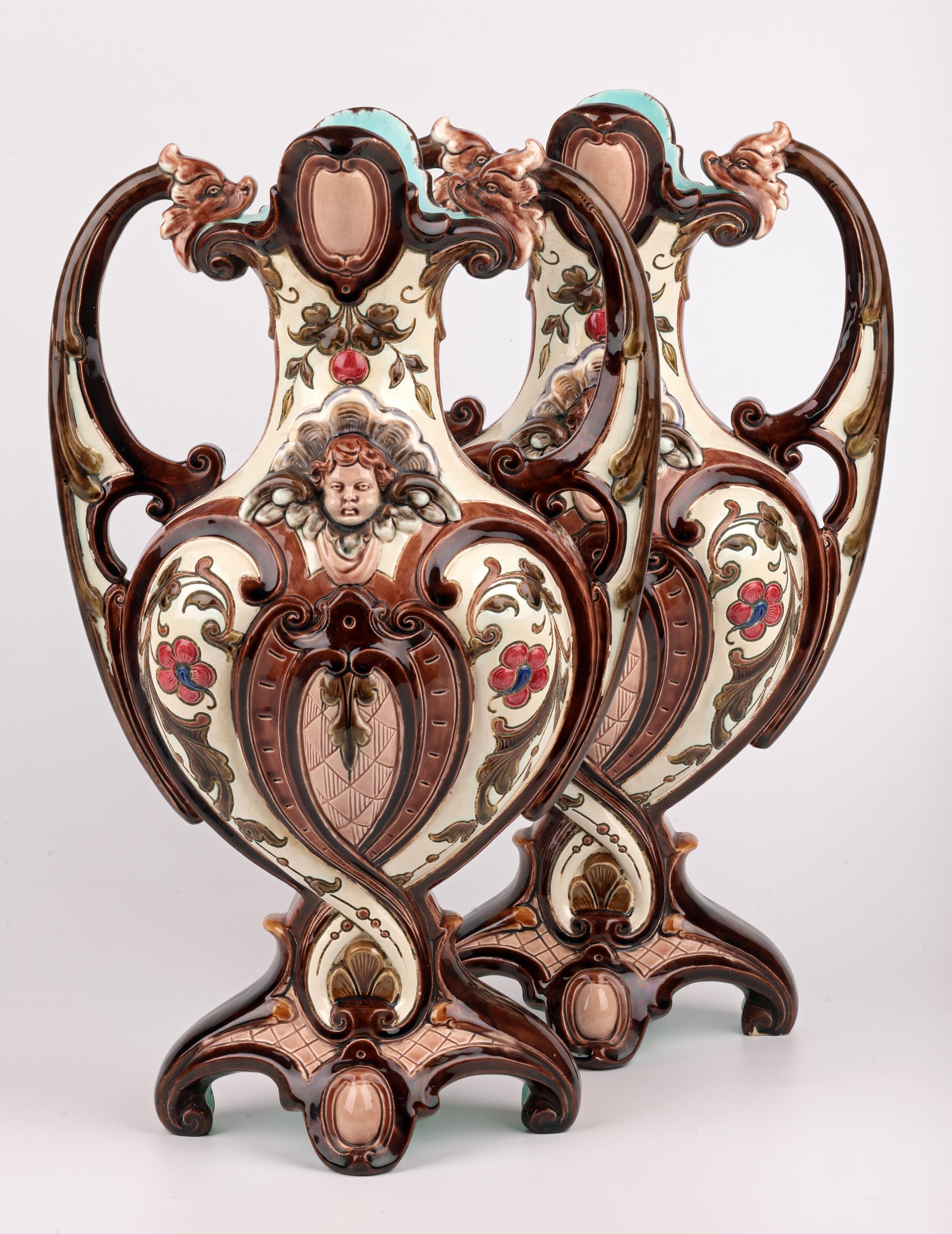 Exceptional Pair Austro/Bohemian Majolica Twin Handled Vases For Sale 2
