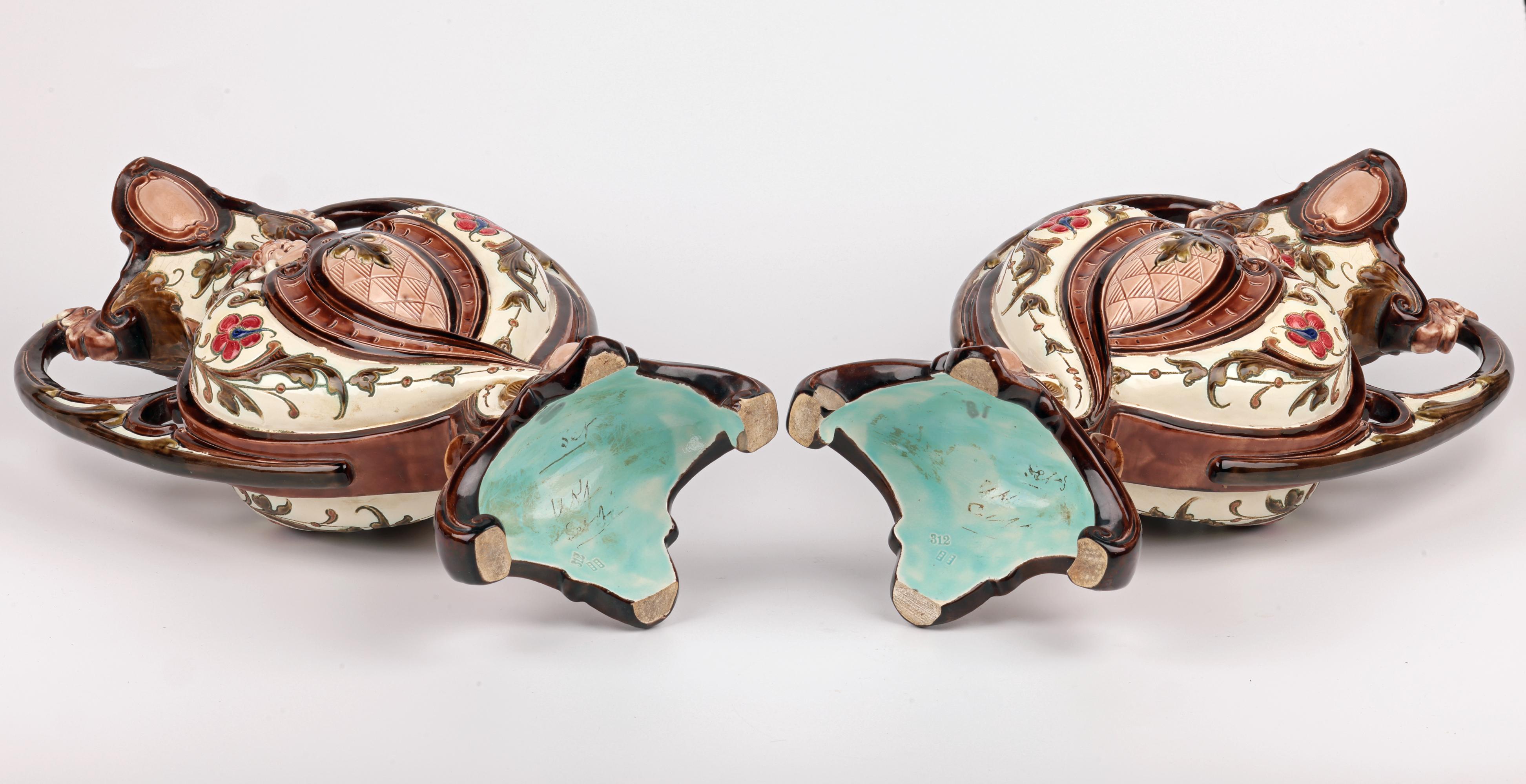 Exceptional Pair Austro/Bohemian Majolica Twin Handled Vases For Sale 3