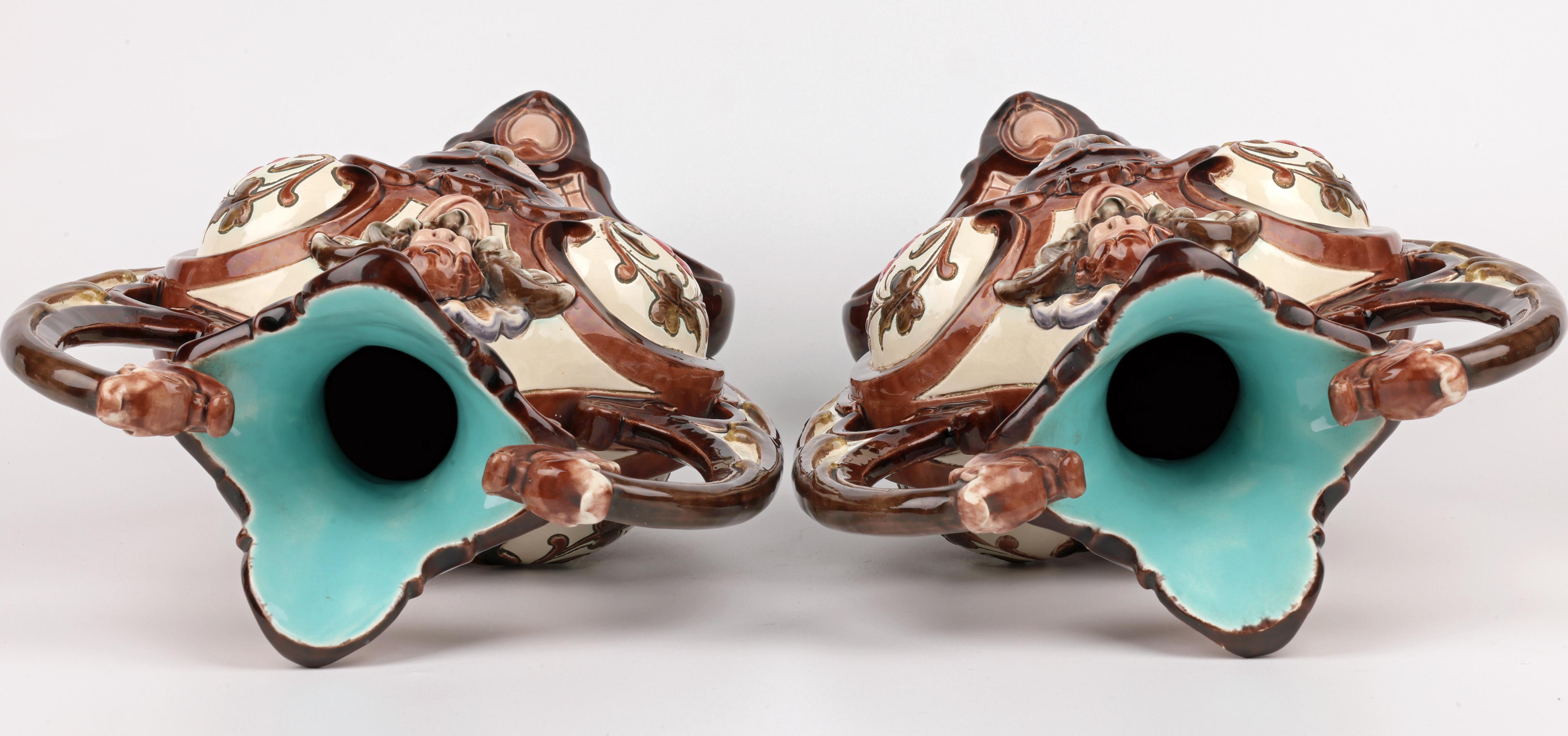Exceptional Pair Austro/Bohemian Majolica Twin Handled Vases For Sale 4