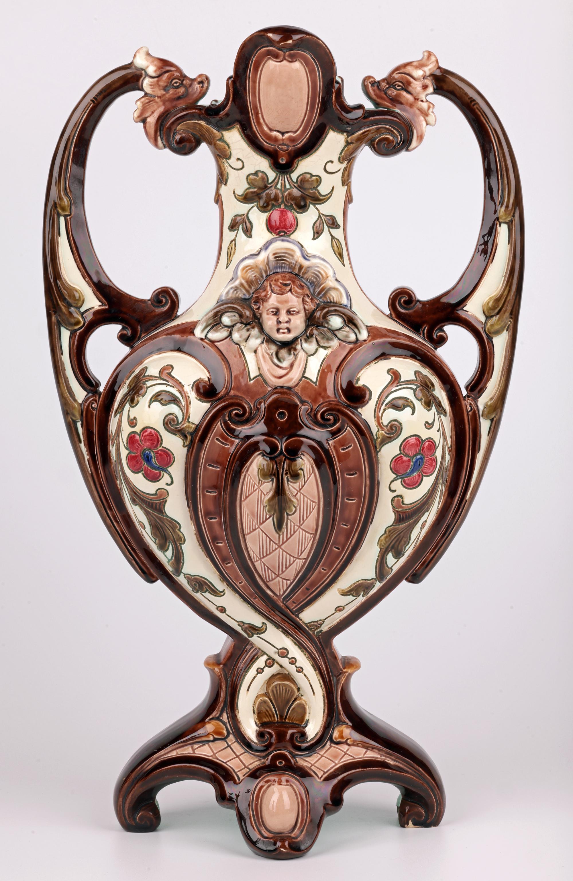 Exceptional Pair Austro/Bohemian Majolica Twin Handled Vases For Sale 5
