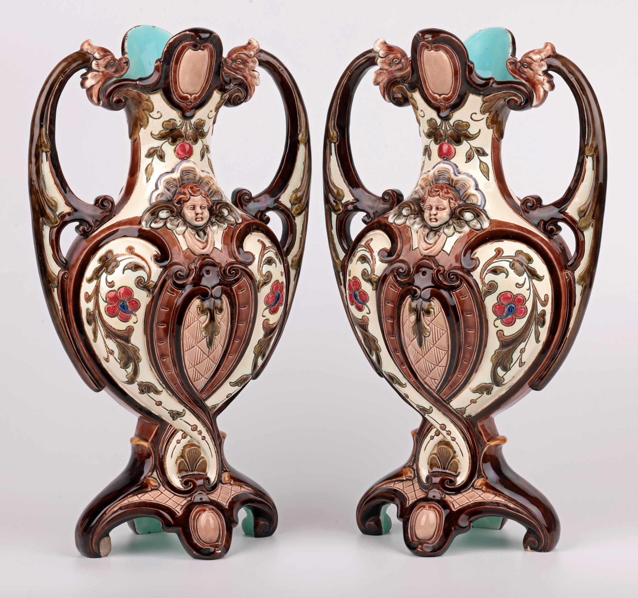 Exceptional Pair Austro/Bohemian Majolica Twin Handled Vases For Sale 7