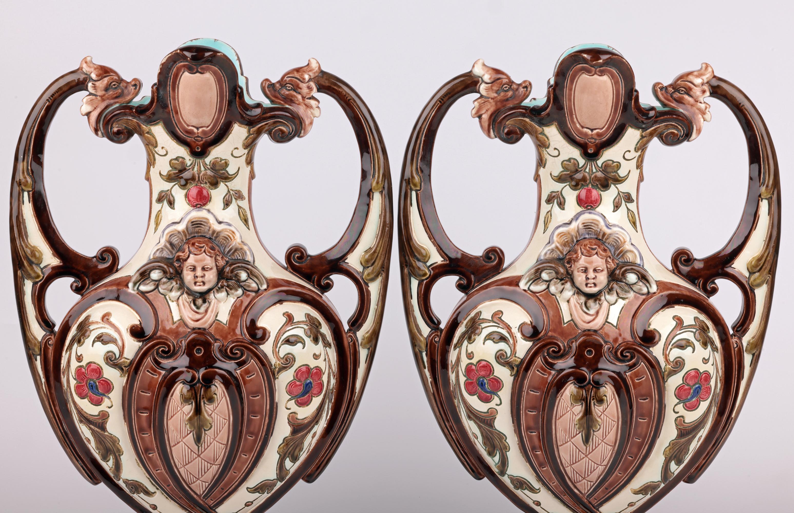 Exceptional Pair Austro/Bohemian Majolica Twin Handled Vases For Sale 9