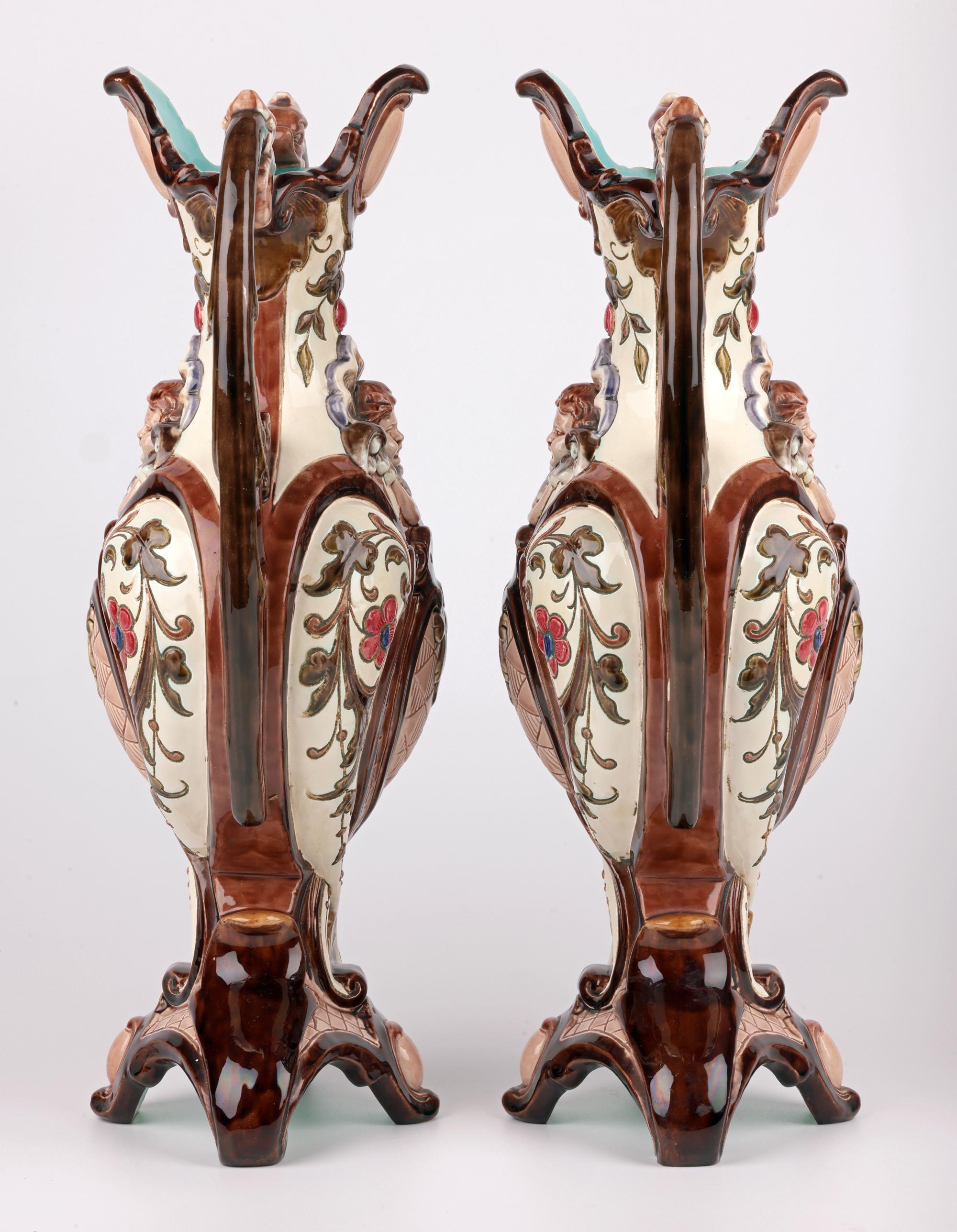 Exceptional Pair Austro/Bohemian Majolica Twin Handled Vases For Sale 10