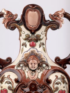 Exceptional Pair Austro/Bohemian Majolica Twin Handled Vases