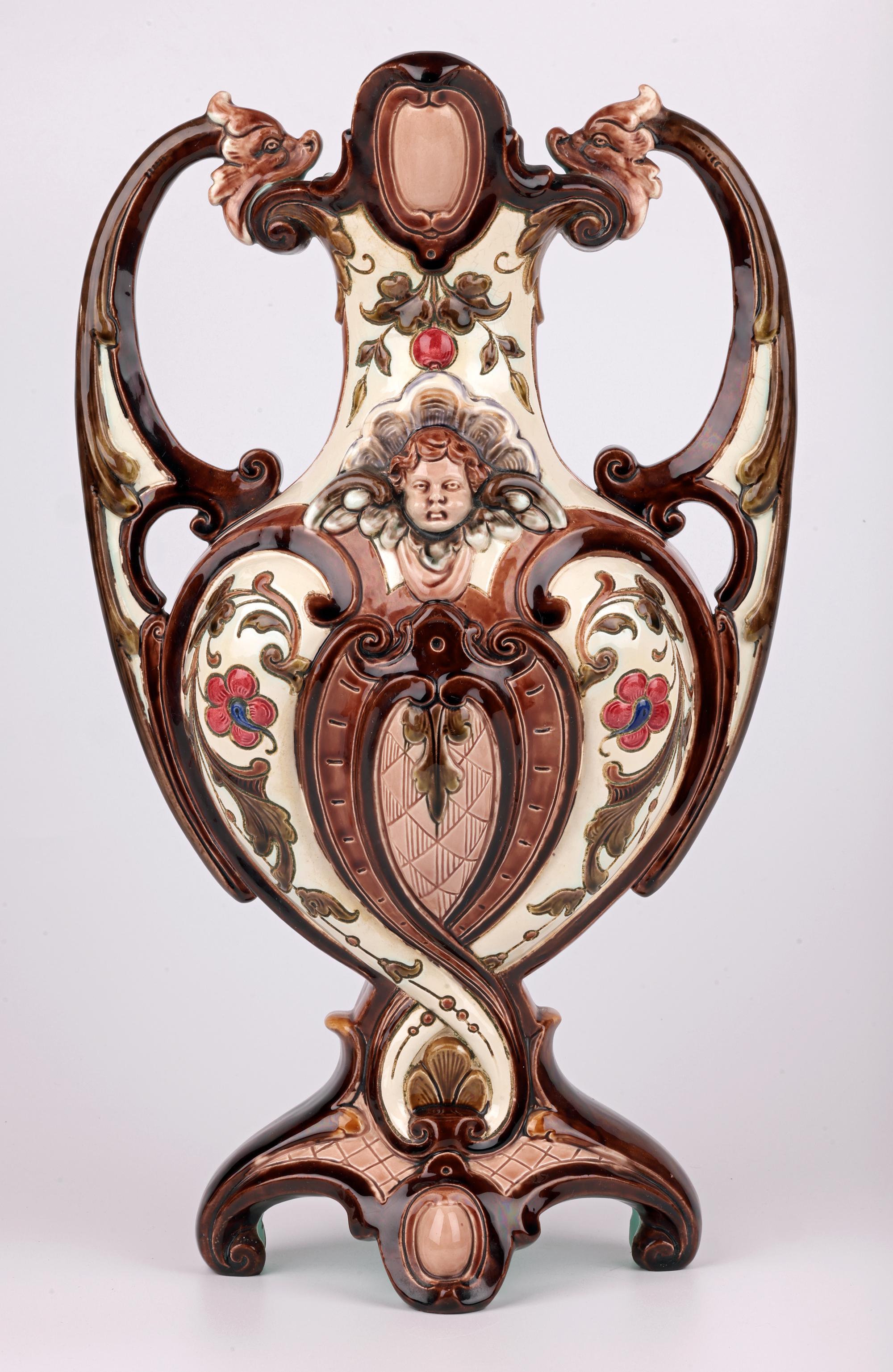 Aesthetic Movement Exceptional Pair Austro/Bohemian Majolica Twin Handled Vases For Sale