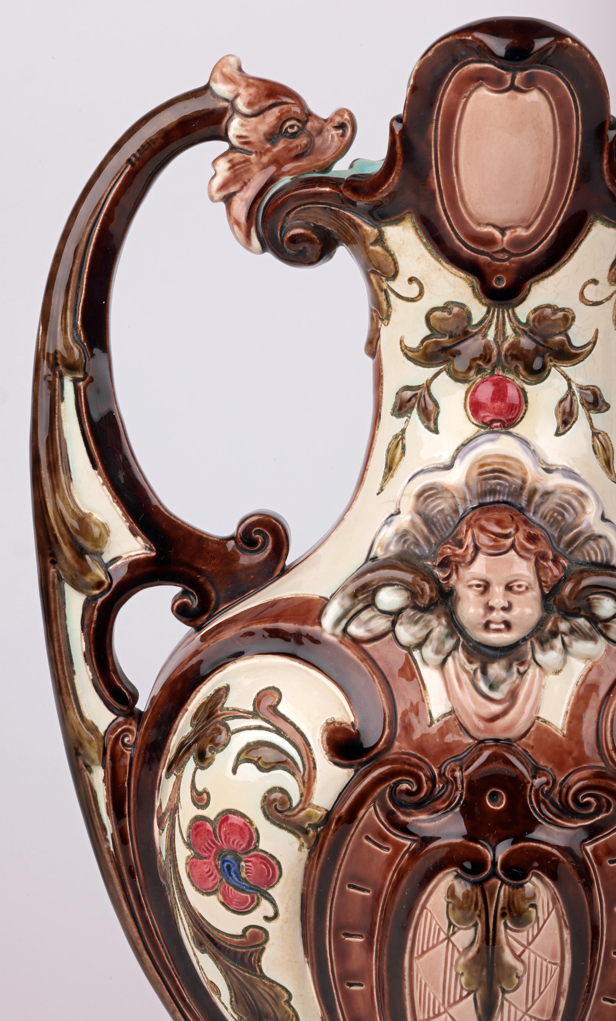 Austrian Exceptional Pair Austro/Bohemian Majolica Twin Handled Vases For Sale