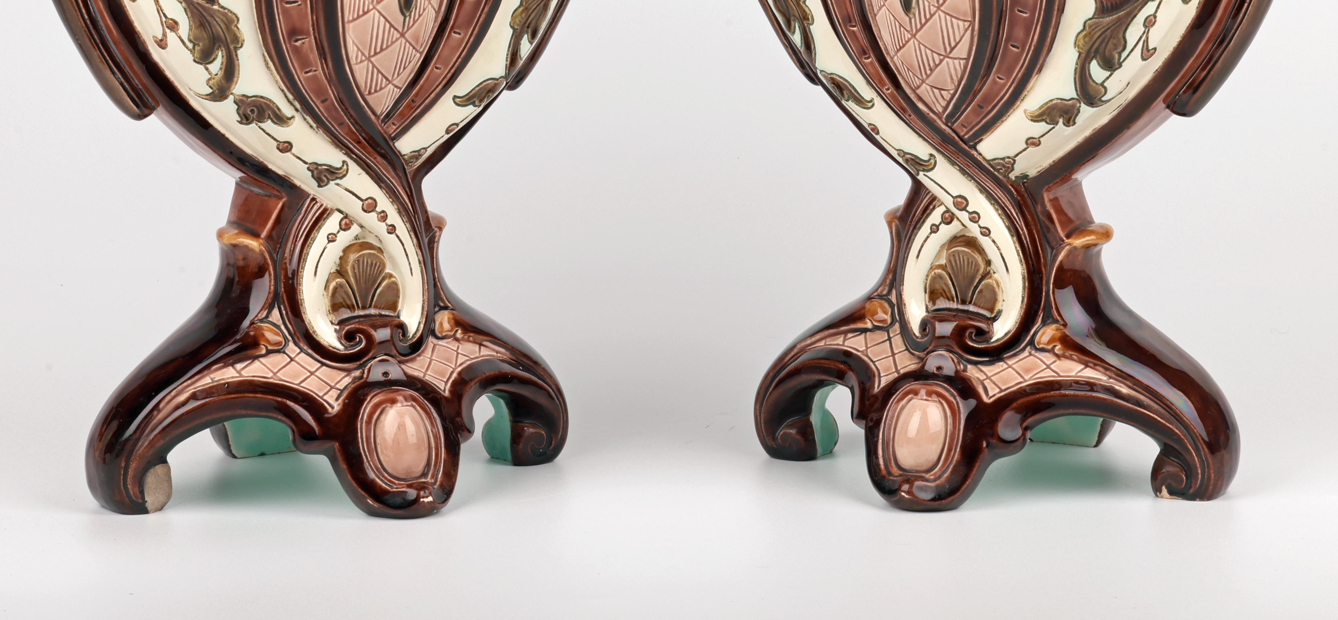 Hand-Carved Exceptional Pair Austro/Bohemian Majolica Twin Handled Vases For Sale
