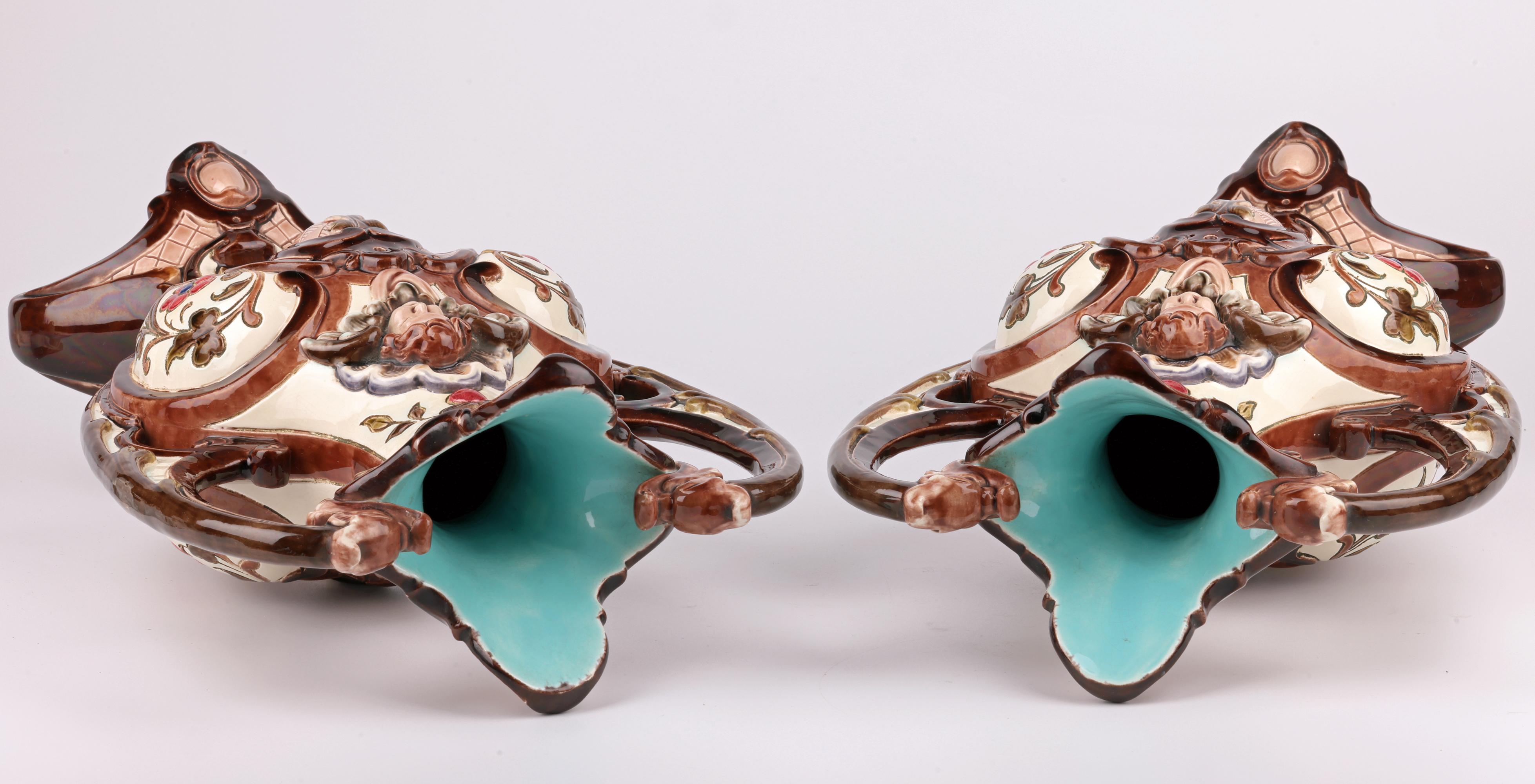 Exceptional Pair Austro/Bohemian Majolica Twin Handled Vases In Good Condition For Sale In Bishop's Stortford, Hertfordshire