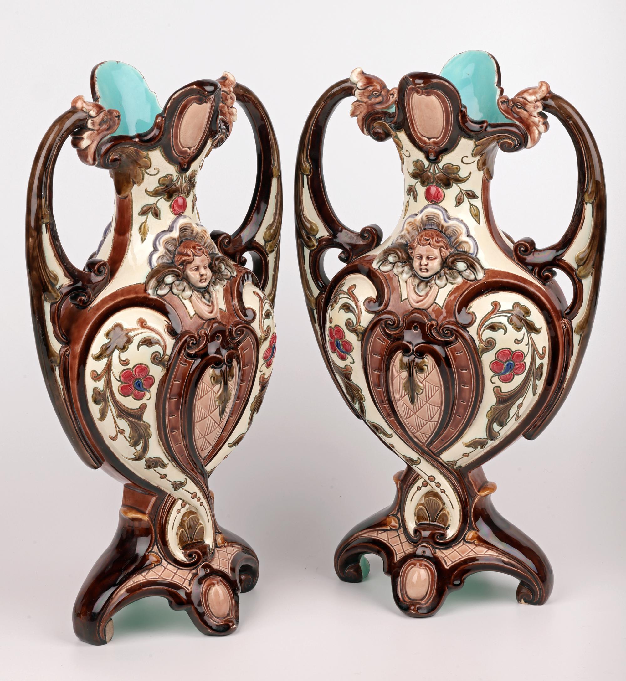 Late 19th Century Exceptional Pair Austro/Bohemian Majolica Twin Handled Vases For Sale