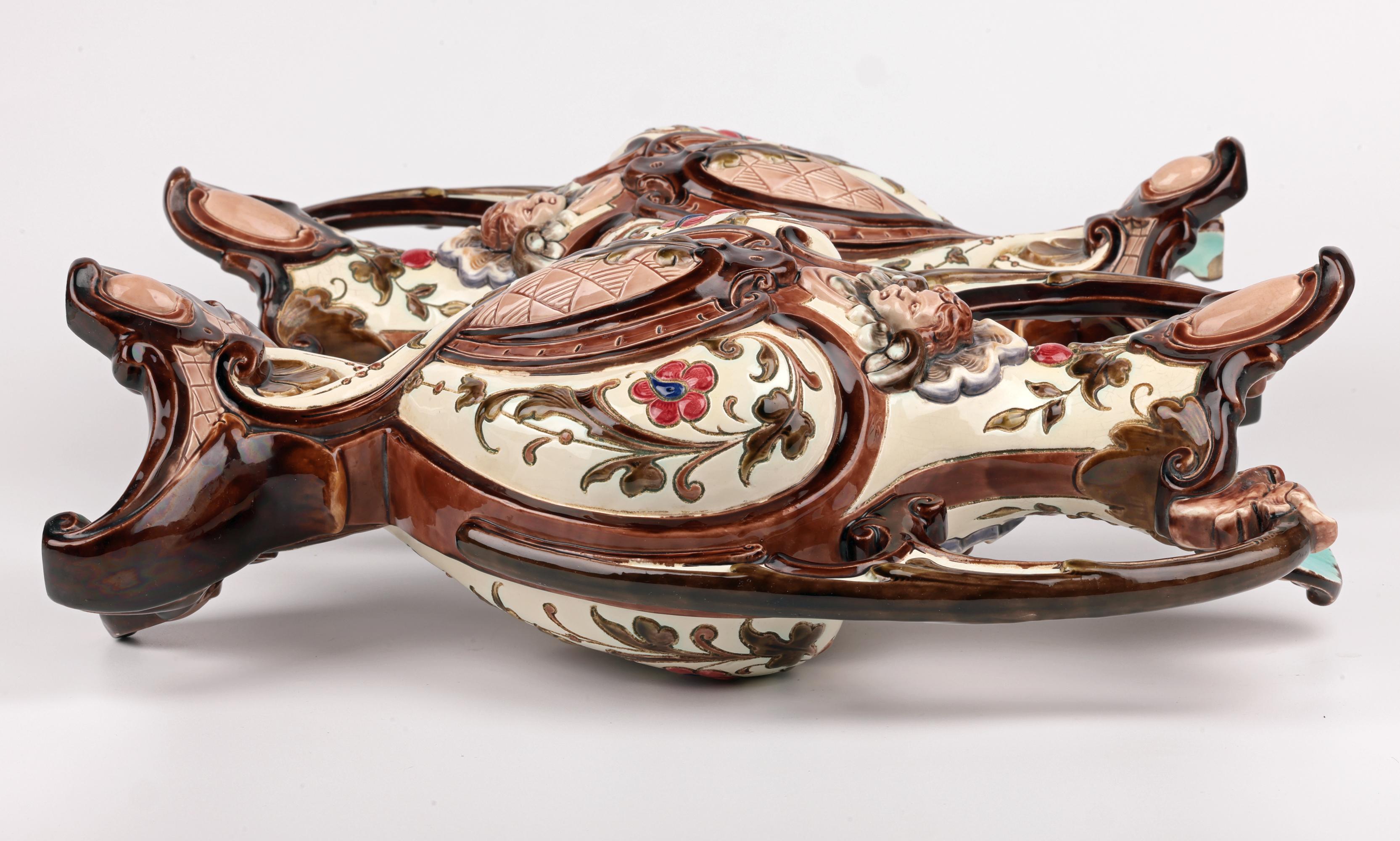 Exceptional Pair Austro/Bohemian Majolica Twin Handled Vases For Sale 1