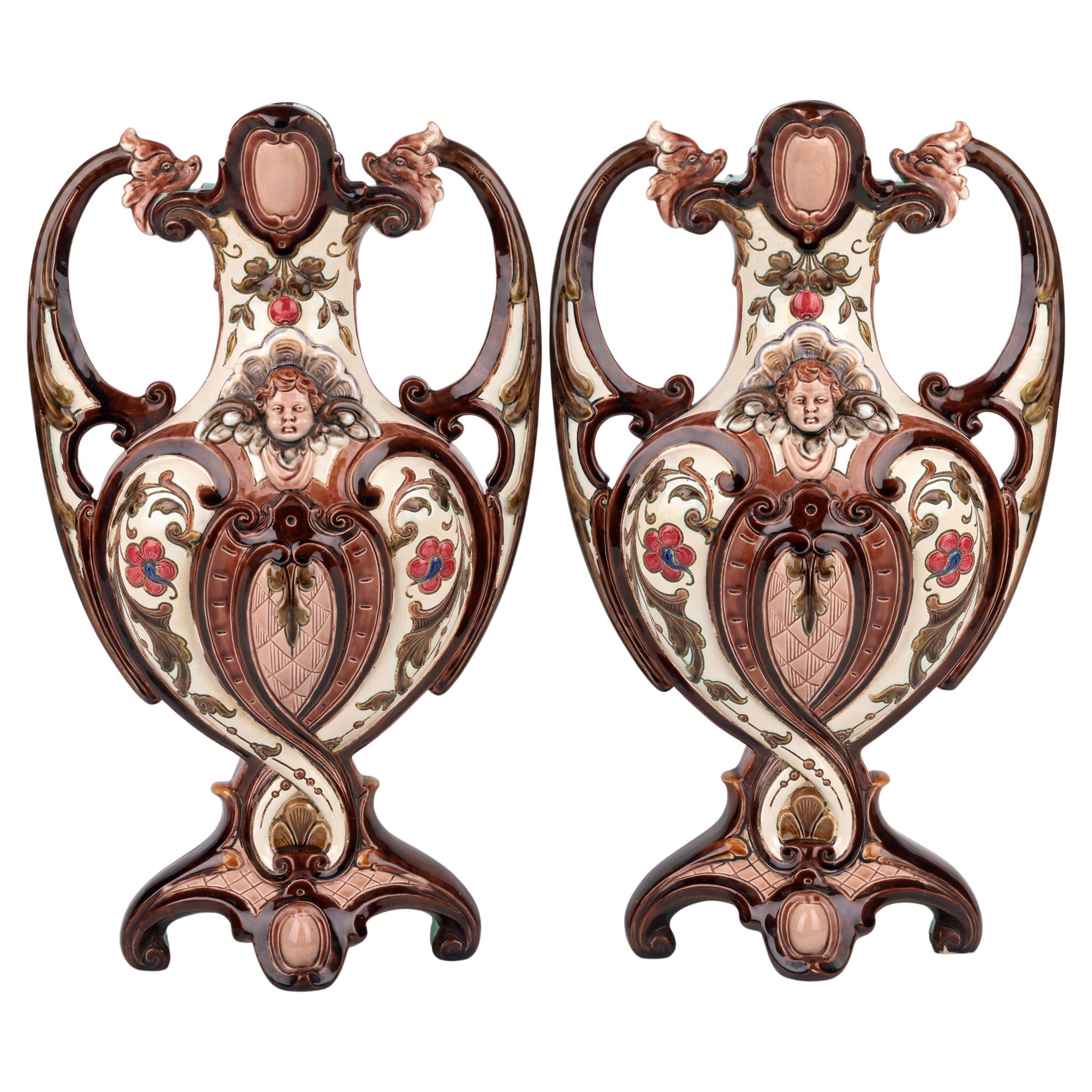 Exceptional Pair Austro/Bohemian Majolica Twin Handled Vases For Sale