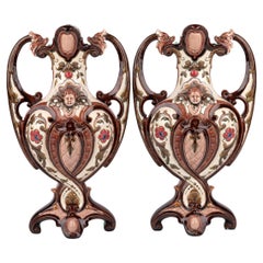 Exceptional Pair Austro/Bohemian Majolica Twin Handled Vases