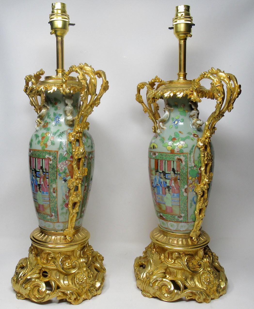 19th Century Exceptional Pair of Cantonese Chinese Hand Painted Porcelain Ormolu Table Lamps