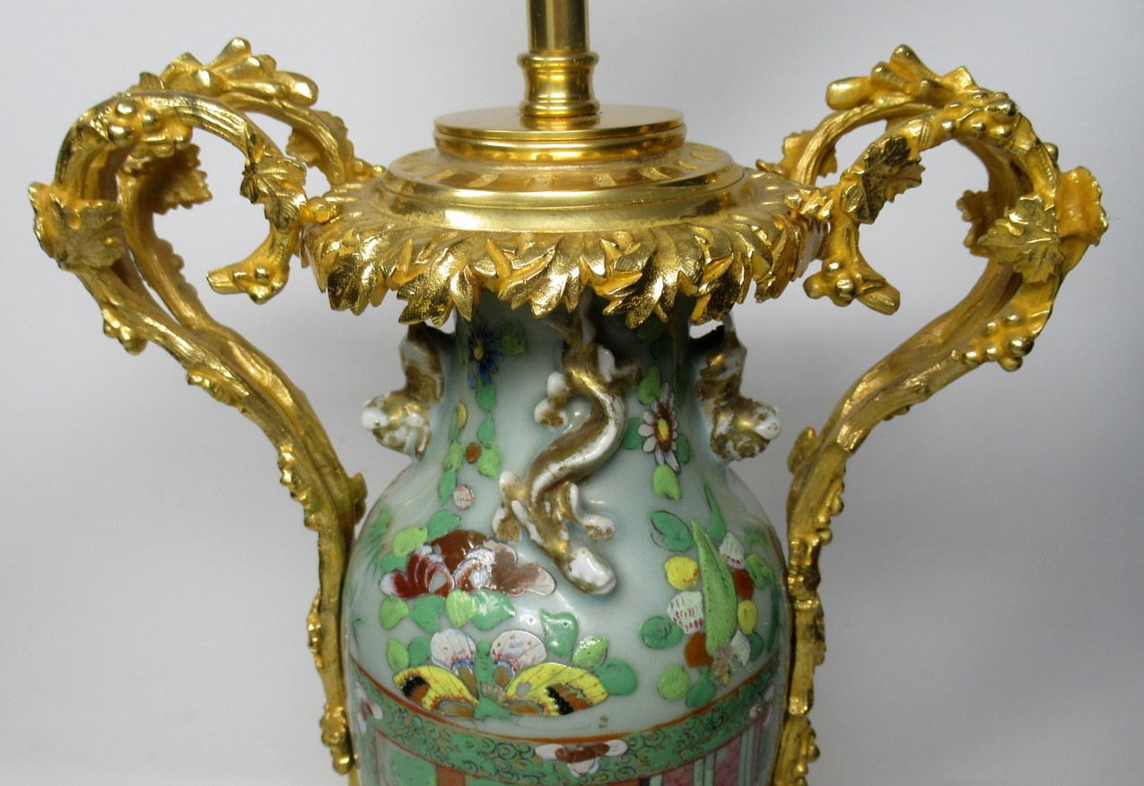 Exceptional Pair of Cantonese Chinese Hand Painted Porcelain Ormolu Table Lamps 3