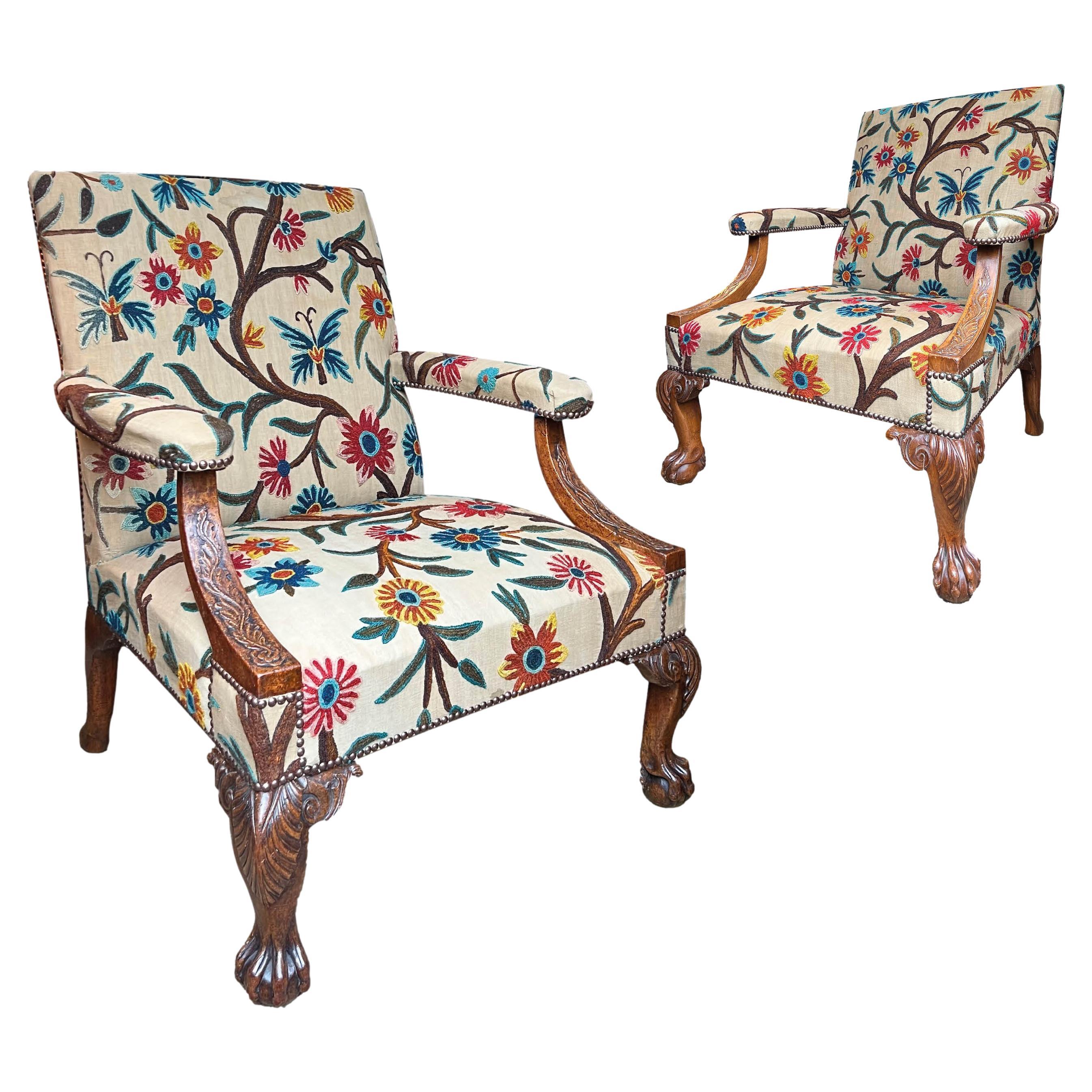 Exceptional Pair George II Carved Walnut Library Armchairs For Sale