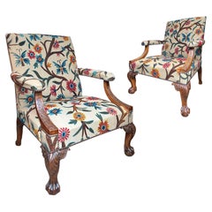 Exceptional Pair George II Carved Walnut Library Armchairs