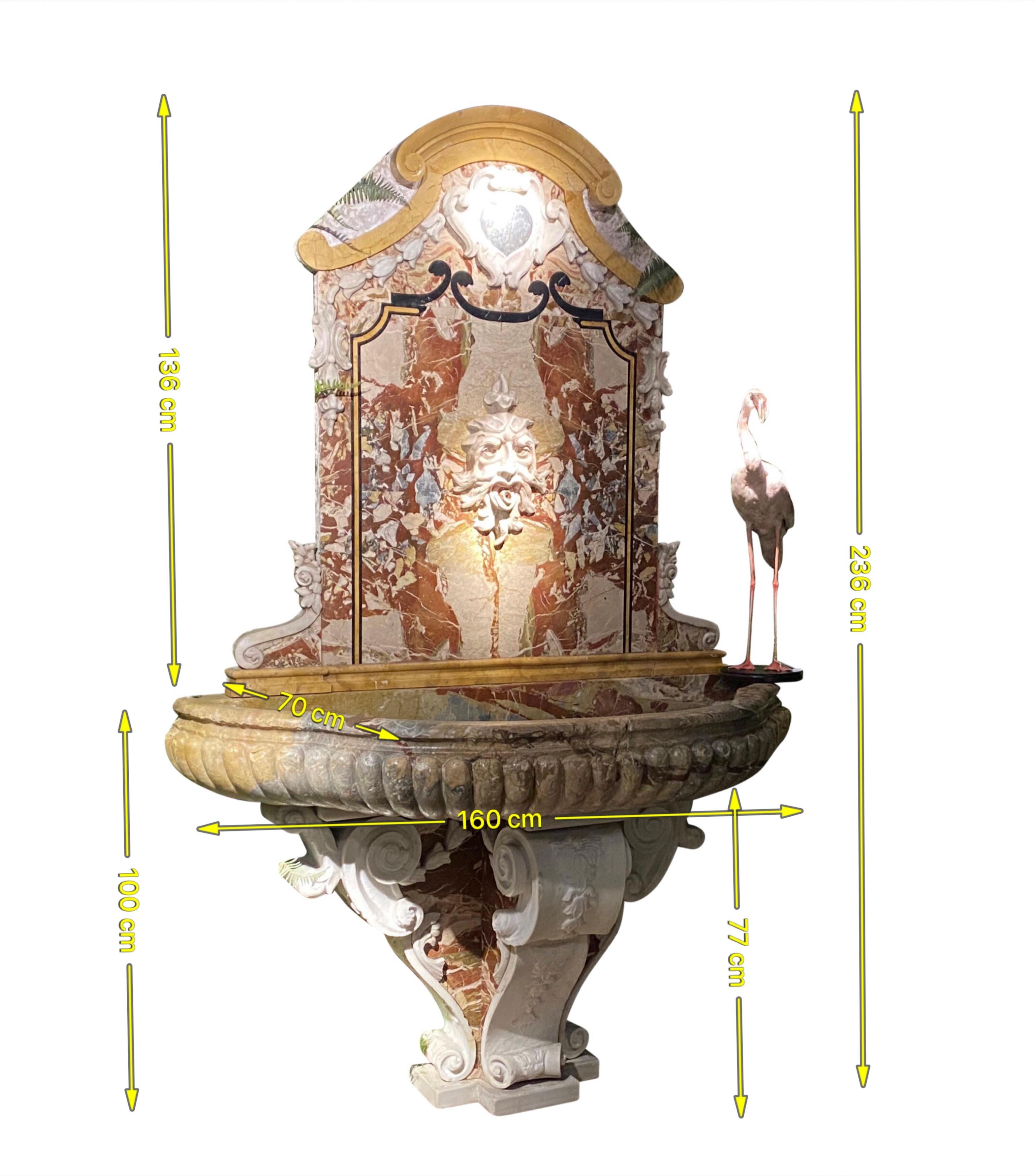 One of a kind Italian pair of sensational wall fountains in marble.
This amazing monumental pair of grand fountains for a bespoke luxury lifestyle design are just 2 spectacular baroque style antique pieces of 19th century.
They are similar executed
