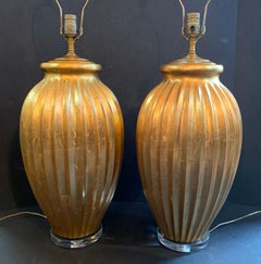 Exceptional Pair of Karl Springer Fluted Gold Venetian Vases Lamps Lucite Bases