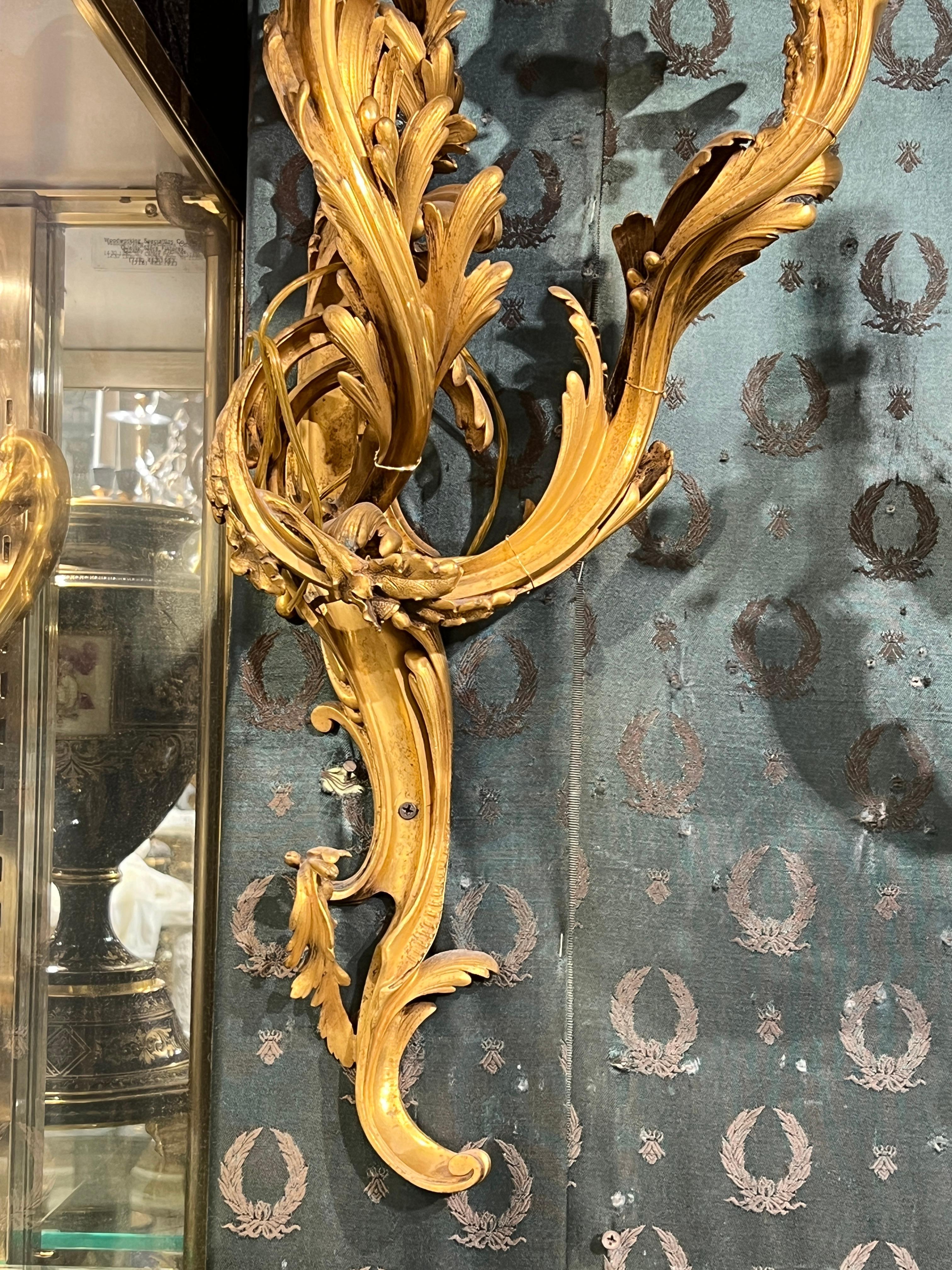 Excepcional pareja de grandes candelabros de bronce dorado estilo Luis XV francés del siglo XIX Dorado en venta